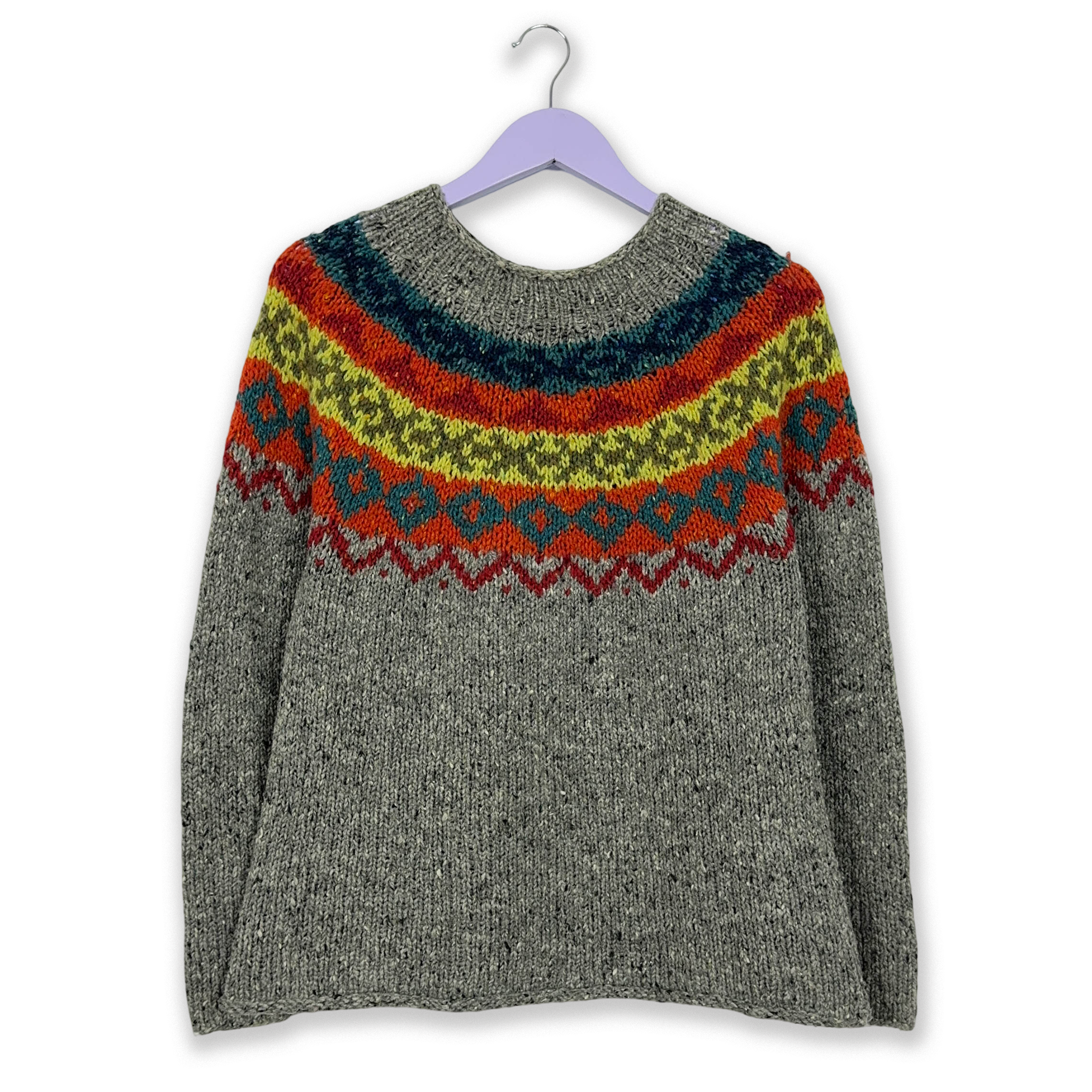 Vintage Handmade 100% Wool Grey Striped Sweater - Size L Women