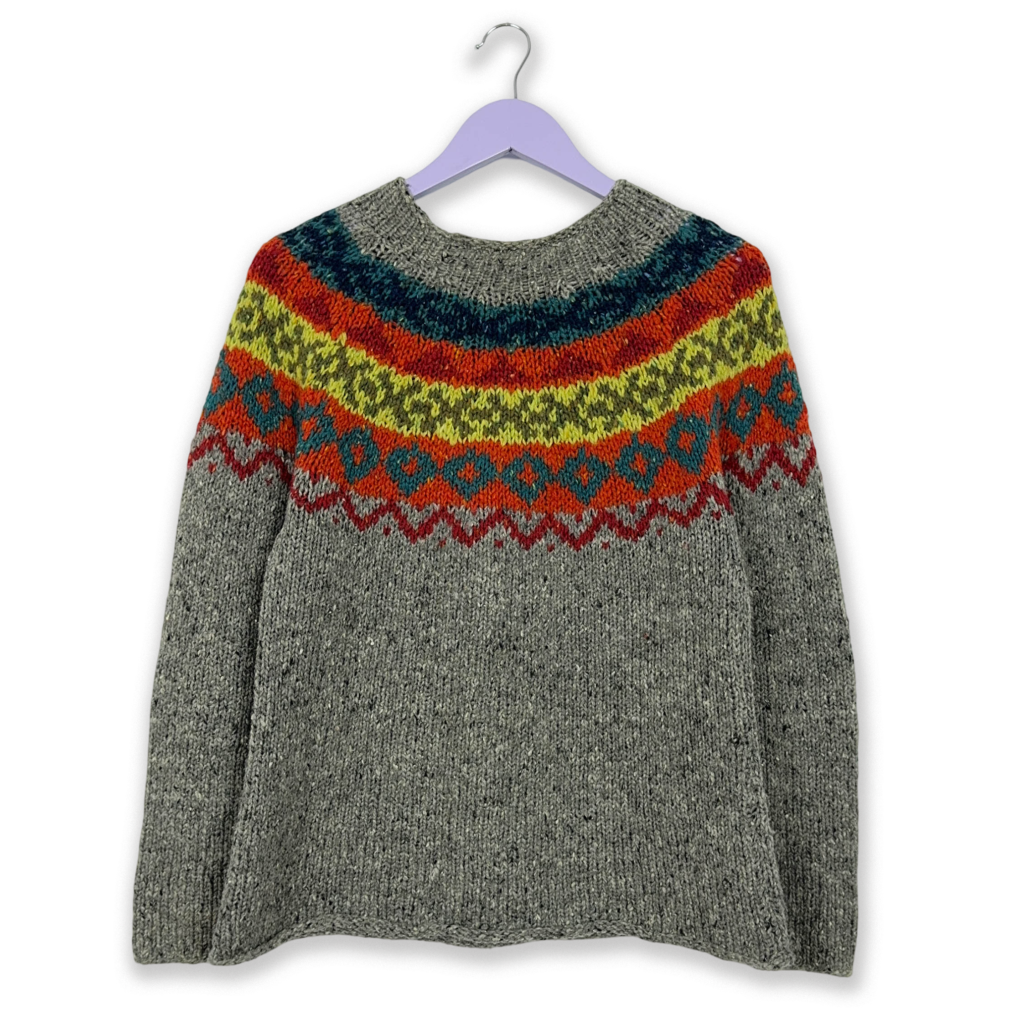 Vintage Handmade 100% Wool Grey Striped Sweater - Size L Women