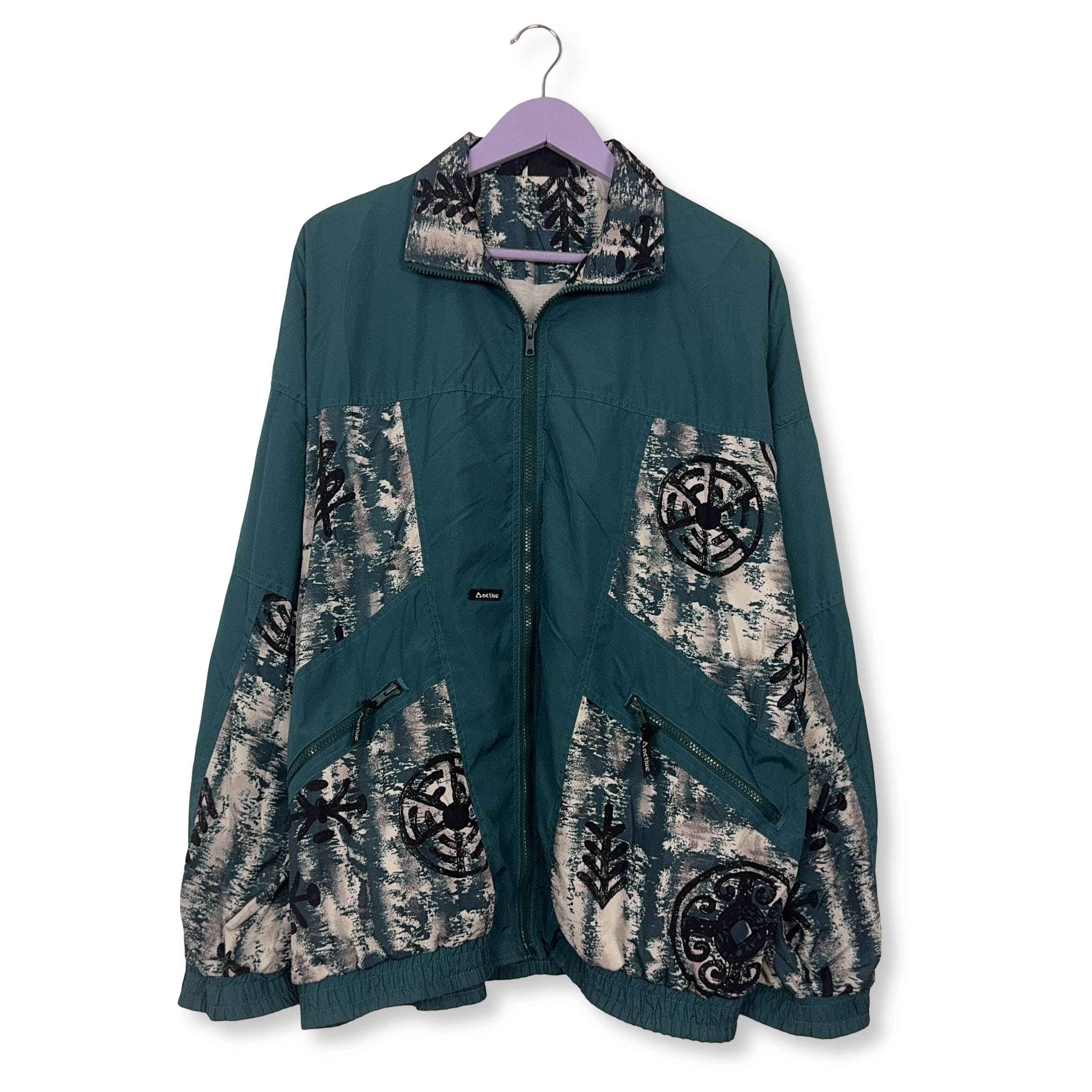 Giacca a vento Vintage verde acqua a fantasia con zip anni 80 90 - Taglia XL uomo