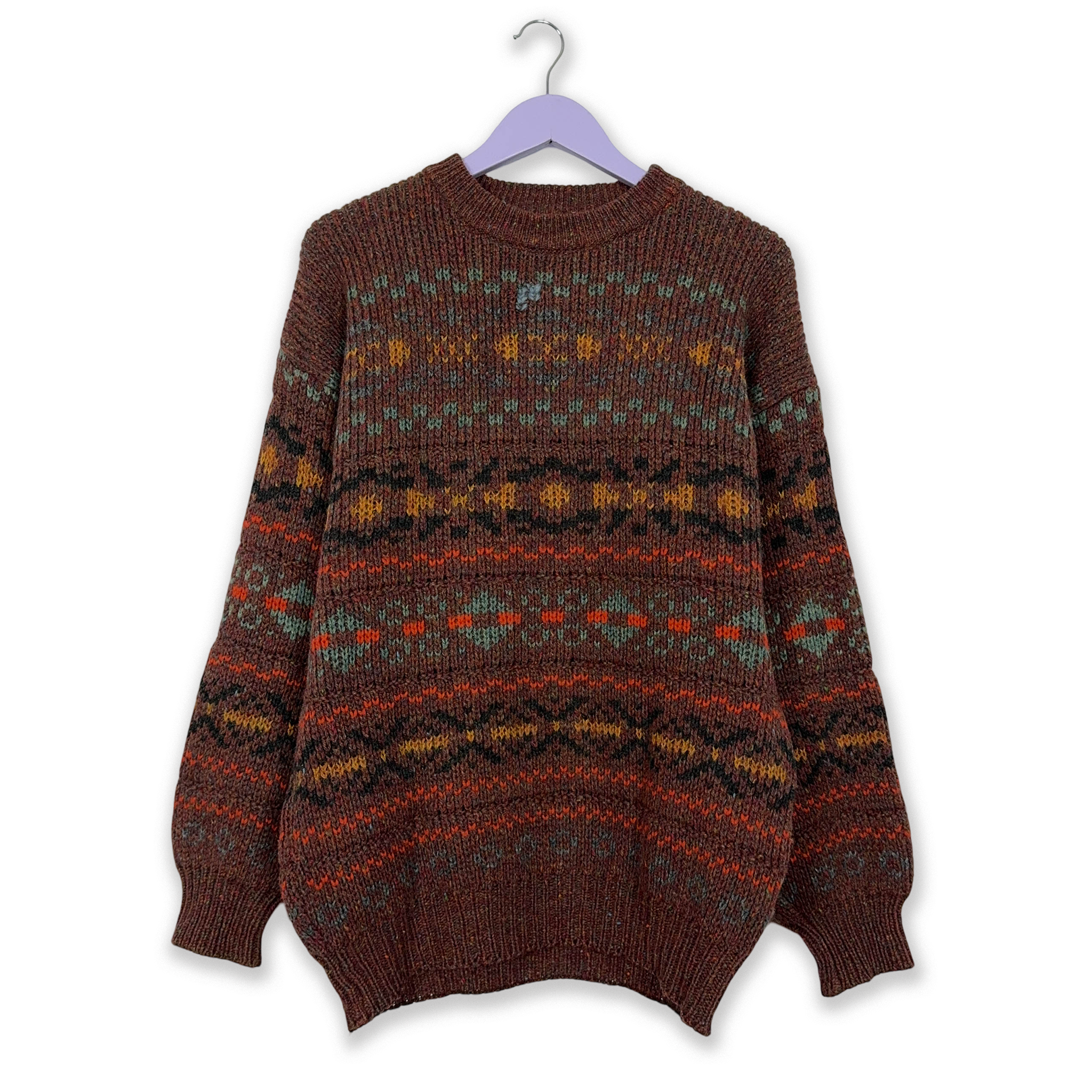Vintage Brown 100% Wool Crew Neck Patterned Sweater - Size L/XL Men