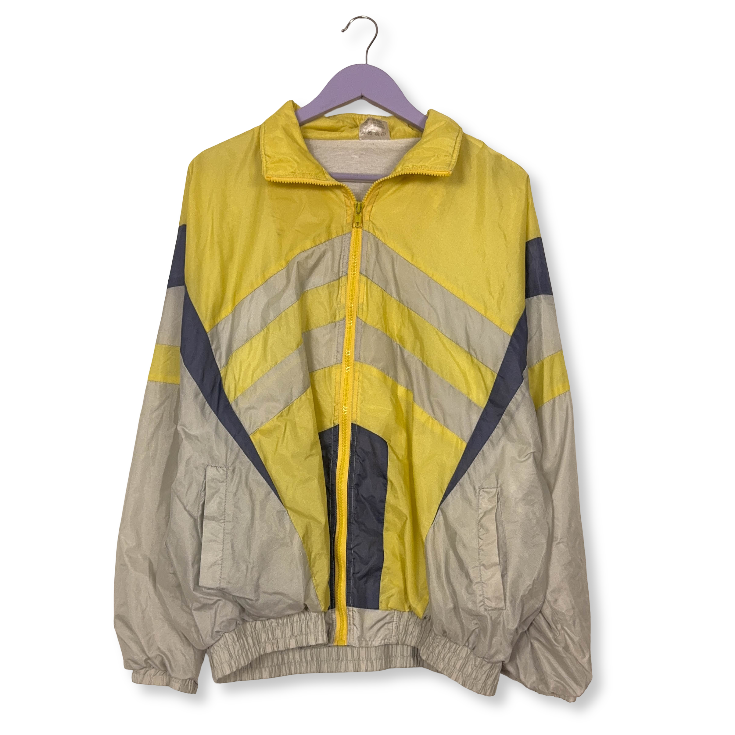 Giacca a vento Vintage gialla e grigia geometrica con zip anni 80 90 - Taglia L uomo