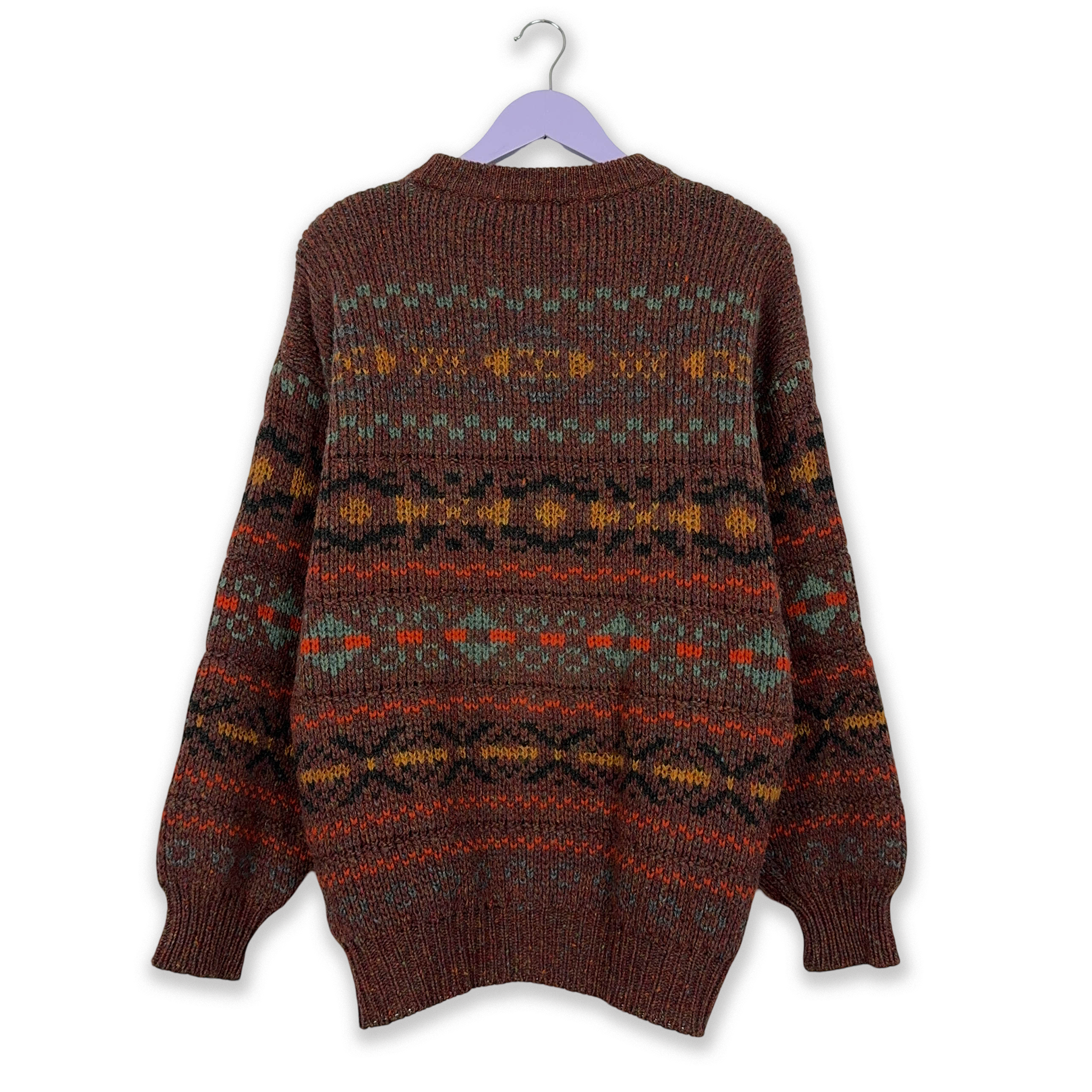 Vintage Brown 100% Wool Crew Neck Patterned Sweater - Size L/XL Men