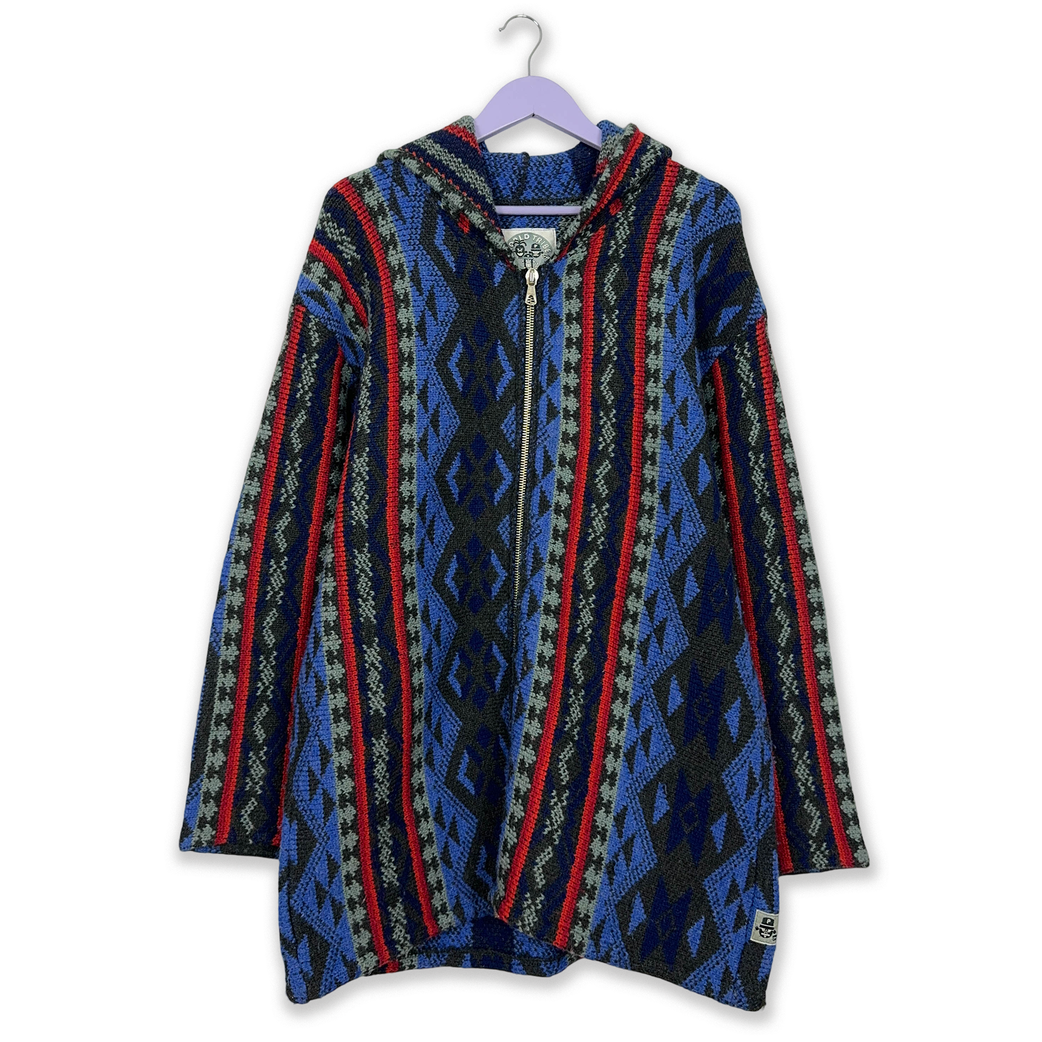 Vintage Blue and Red Patterned Wool Blend Zip Up Hooded Sweater - Men's XXL Size