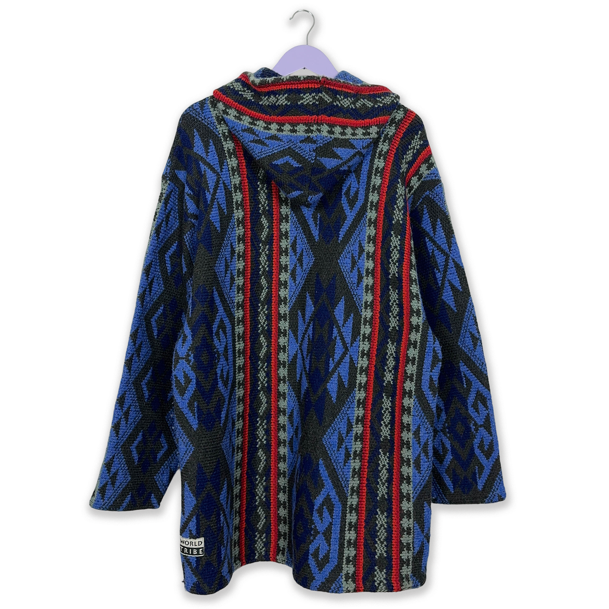 Vintage Blue and Red Patterned Wool Blend Zip Up Hooded Sweater - Men's XXL Size