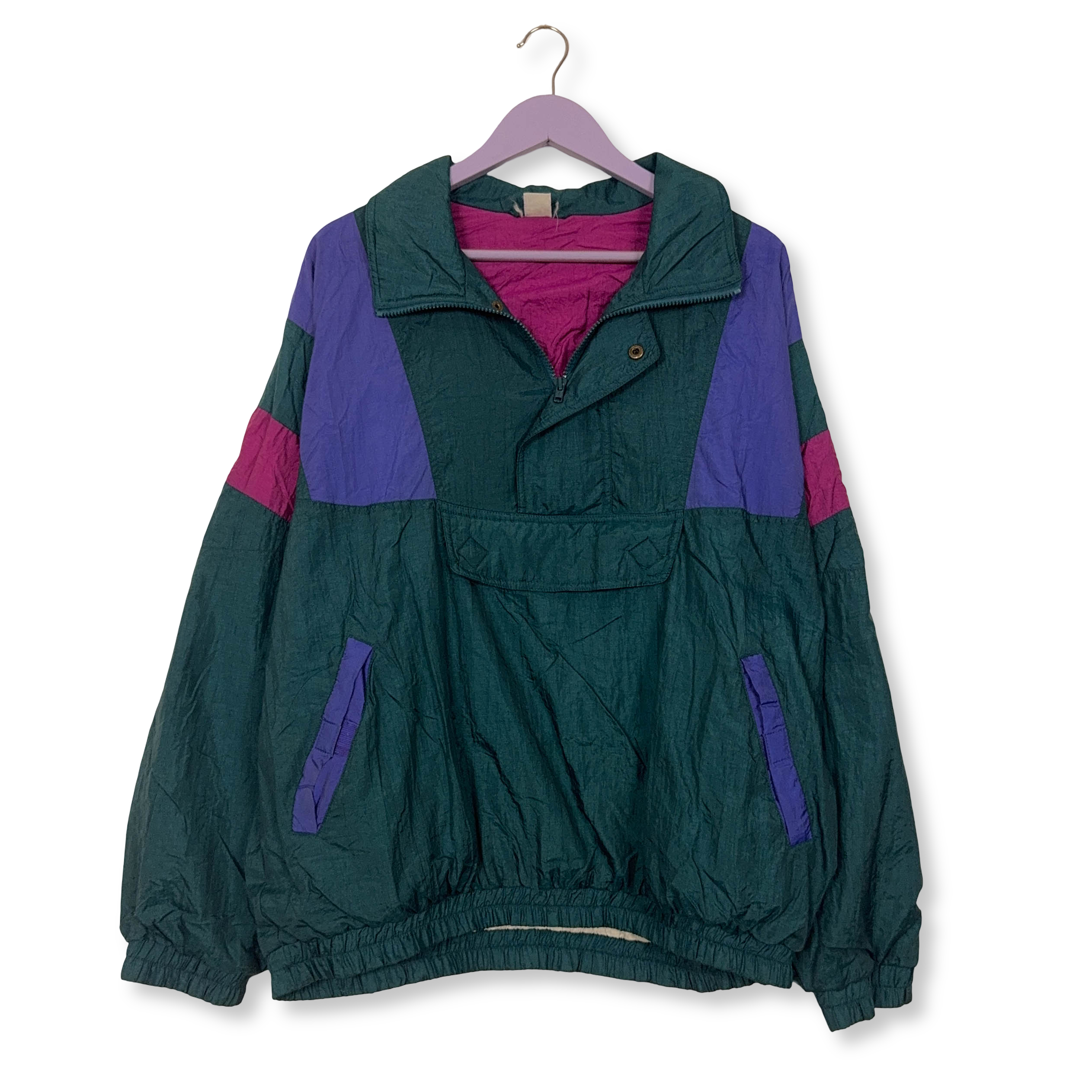 Giacca a vento Vintage verde e viola quarter zip con tasca anni 80 90 - Taglia L uomo