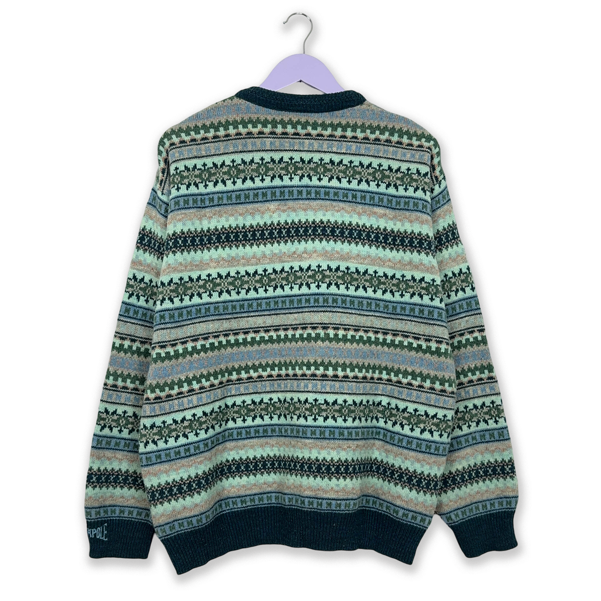 North Pole Vintage Light Blue 50% Lambswool Striped Crew Neck Sweater - Size L/XL Men