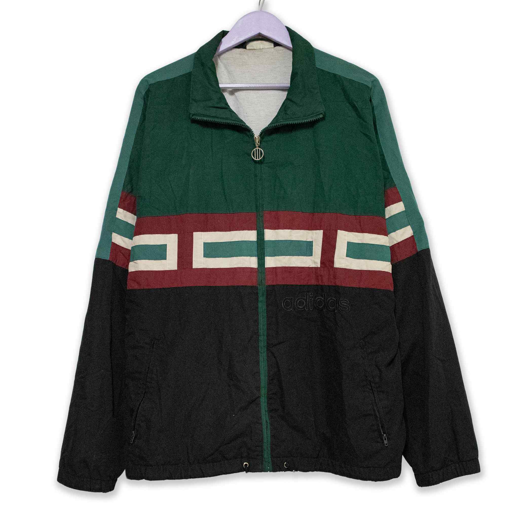 Giacca a vento Adidas Vintage nera e verde con zip e fantasia anni 90 - Taglia D9 F198 uomo