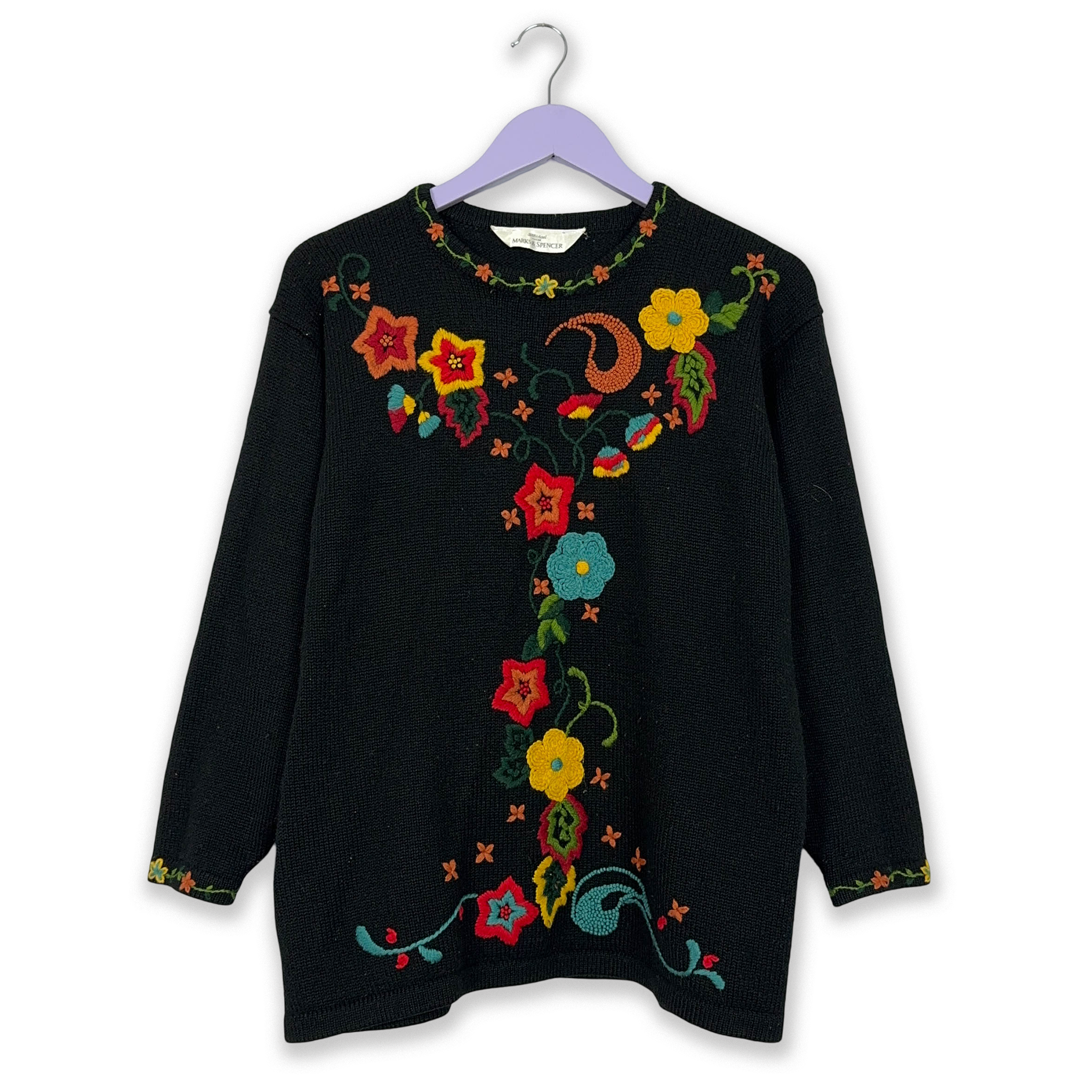 Vintage 50% wool black sweater with floral embroidery and crew neck - Size EU 42 women