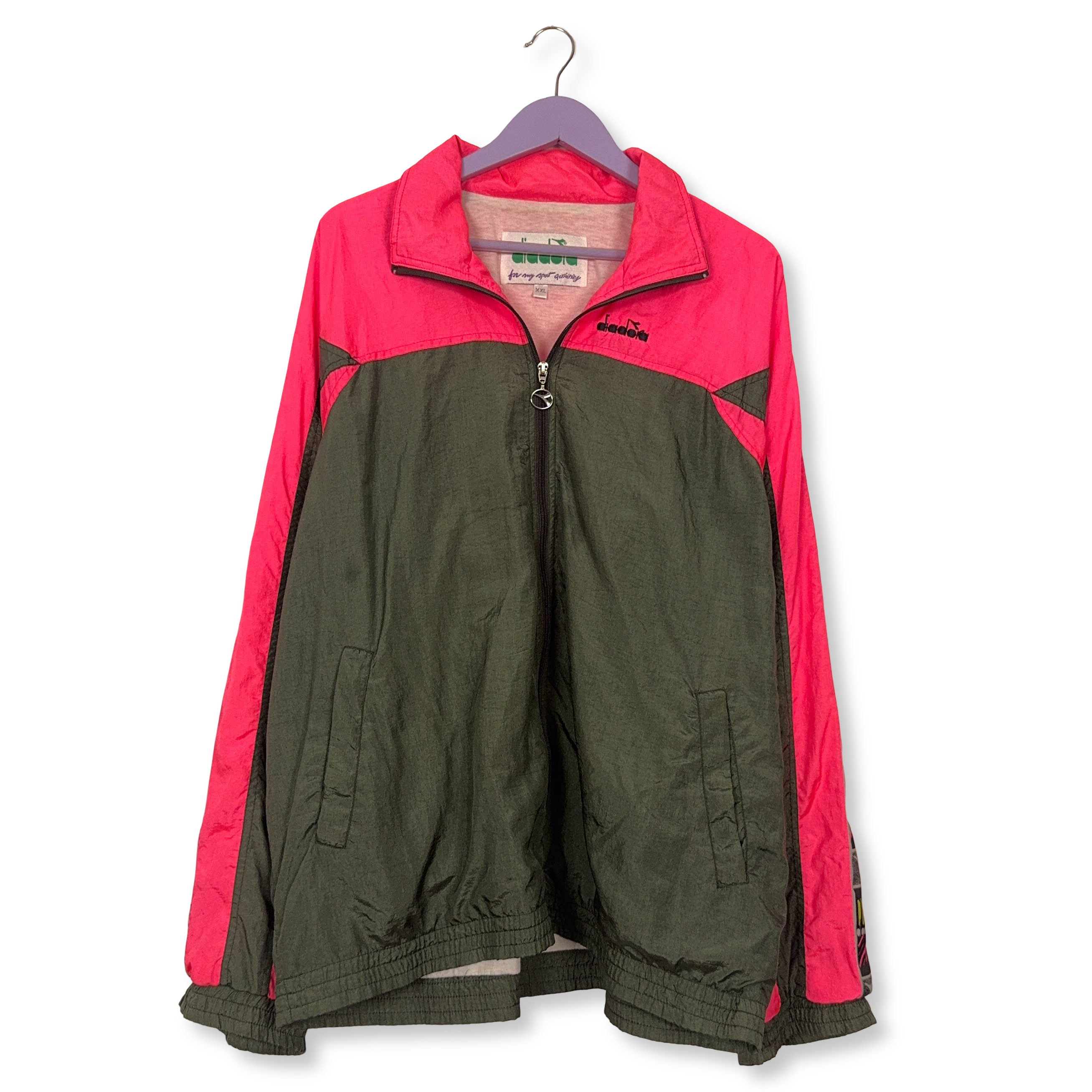 Giacca a vento Diadora Vintage verde cachi e rosa con zip anni 80 90 - Taglia XXL uomo