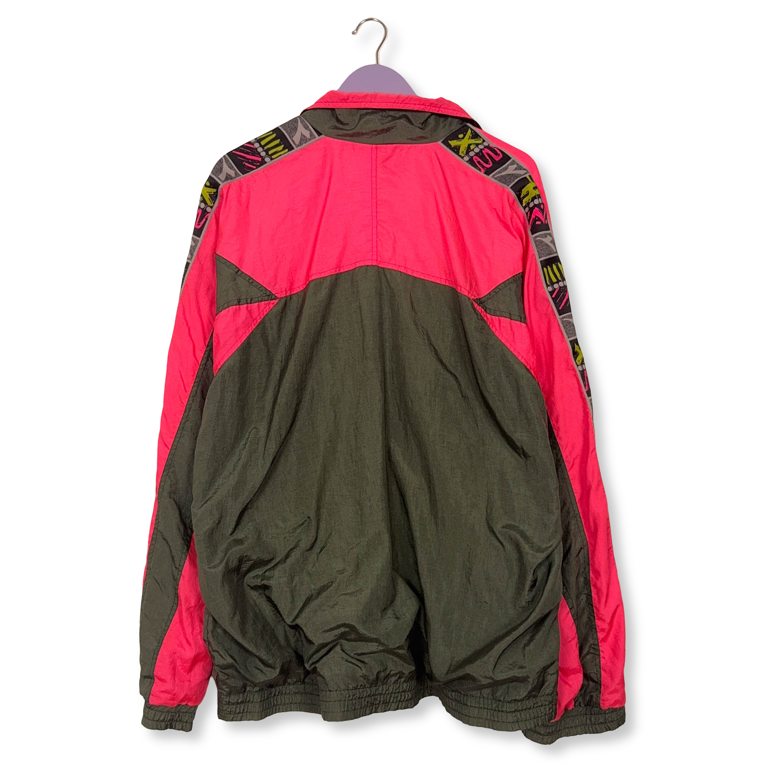 Giacca a vento Diadora Vintage verde cachi e rosa con zip anni 80 90 - Taglia XXL uomo
