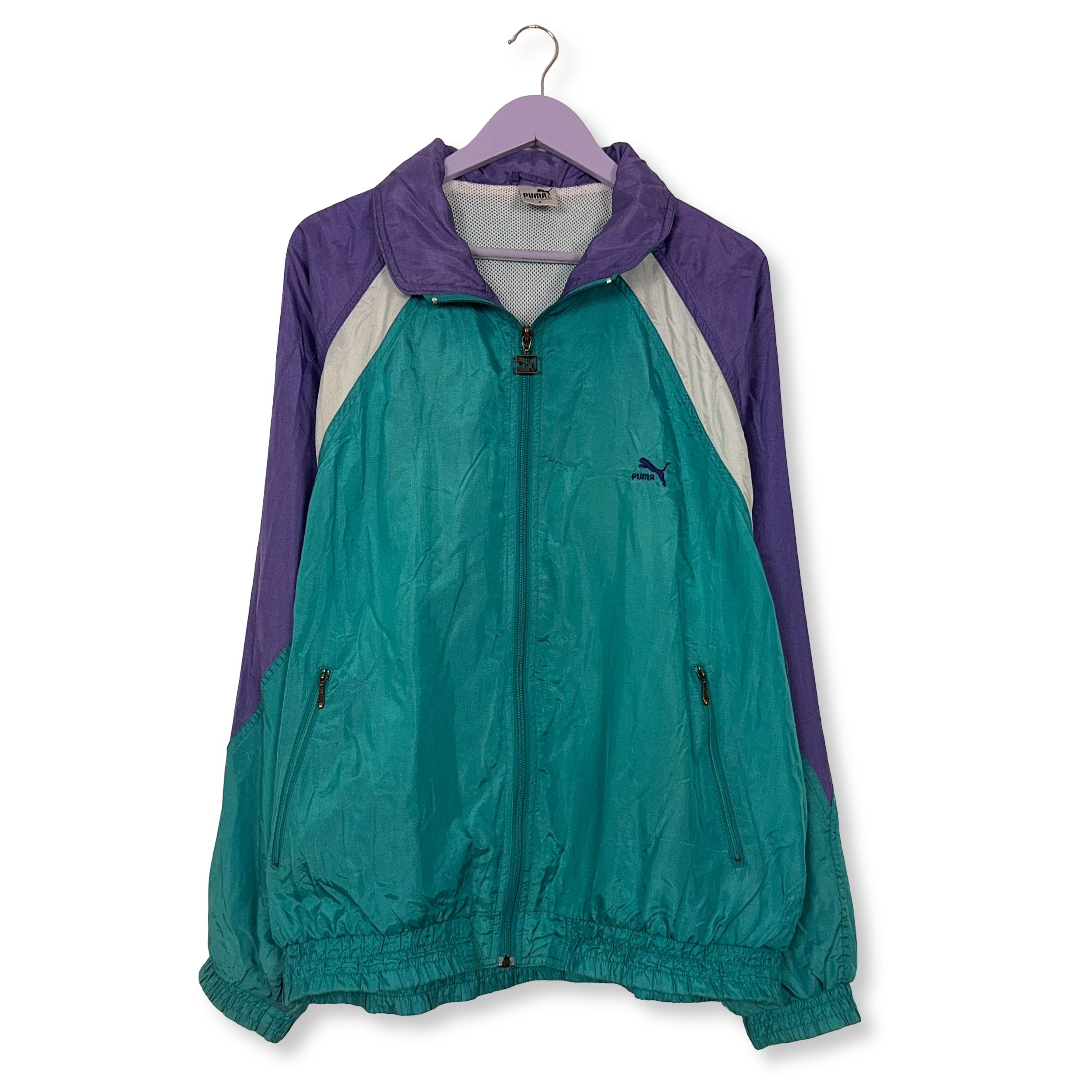 Giacca a vento Puma Vintage verde e viola con ricamo e zip anni 80 90 - Taglia 9 uomo