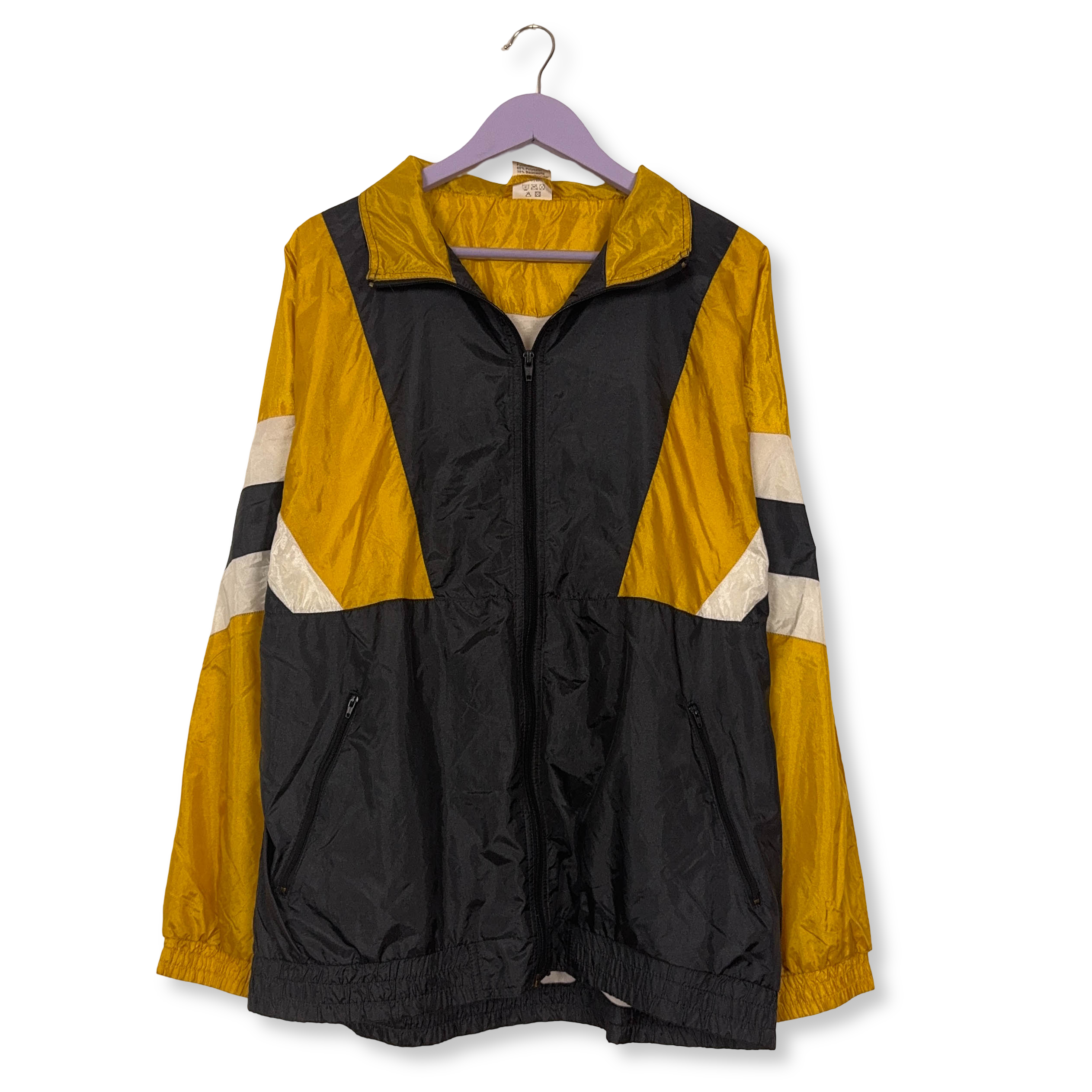 Giacca a vento Vintage gialla e nera geometrica con zip anni 80 90 - Taglia XL/XXL uomo