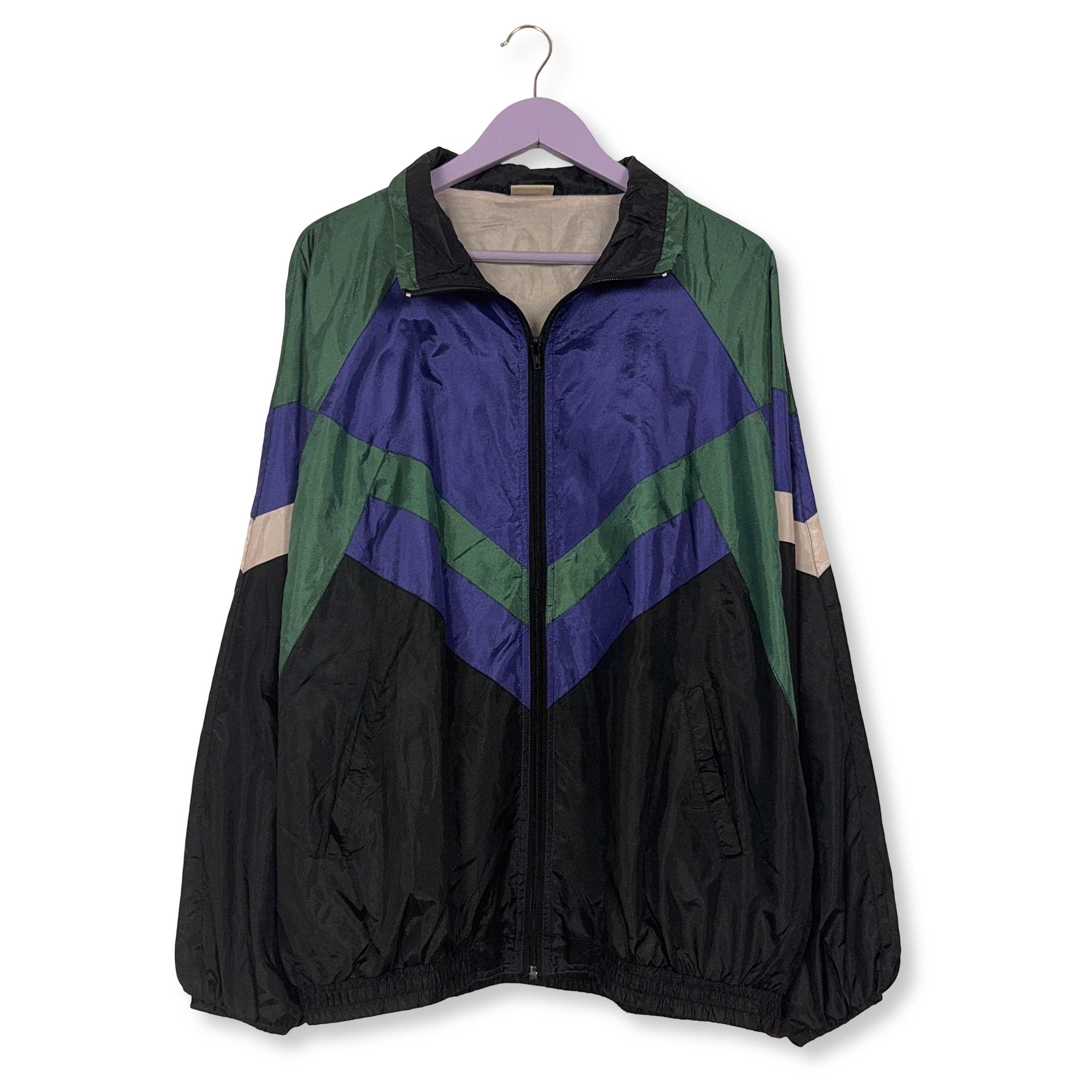 Giacca a vento Vintage verde e viola geometrica con zip anni 80 90 - Taglia XL/XXL uomo