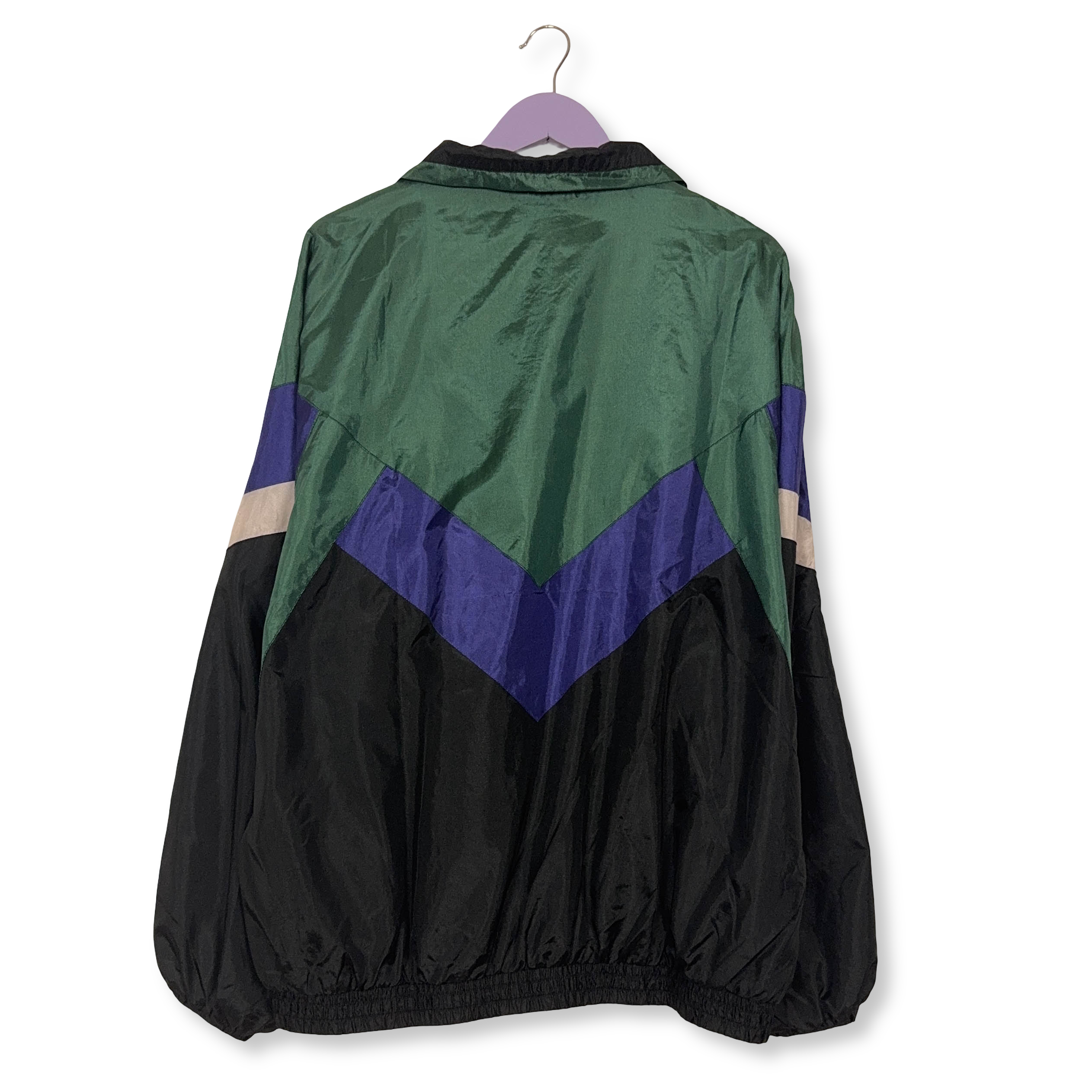 Giacca a vento Vintage verde e viola geometrica con zip anni 80 90 - Taglia XL/XXL uomo