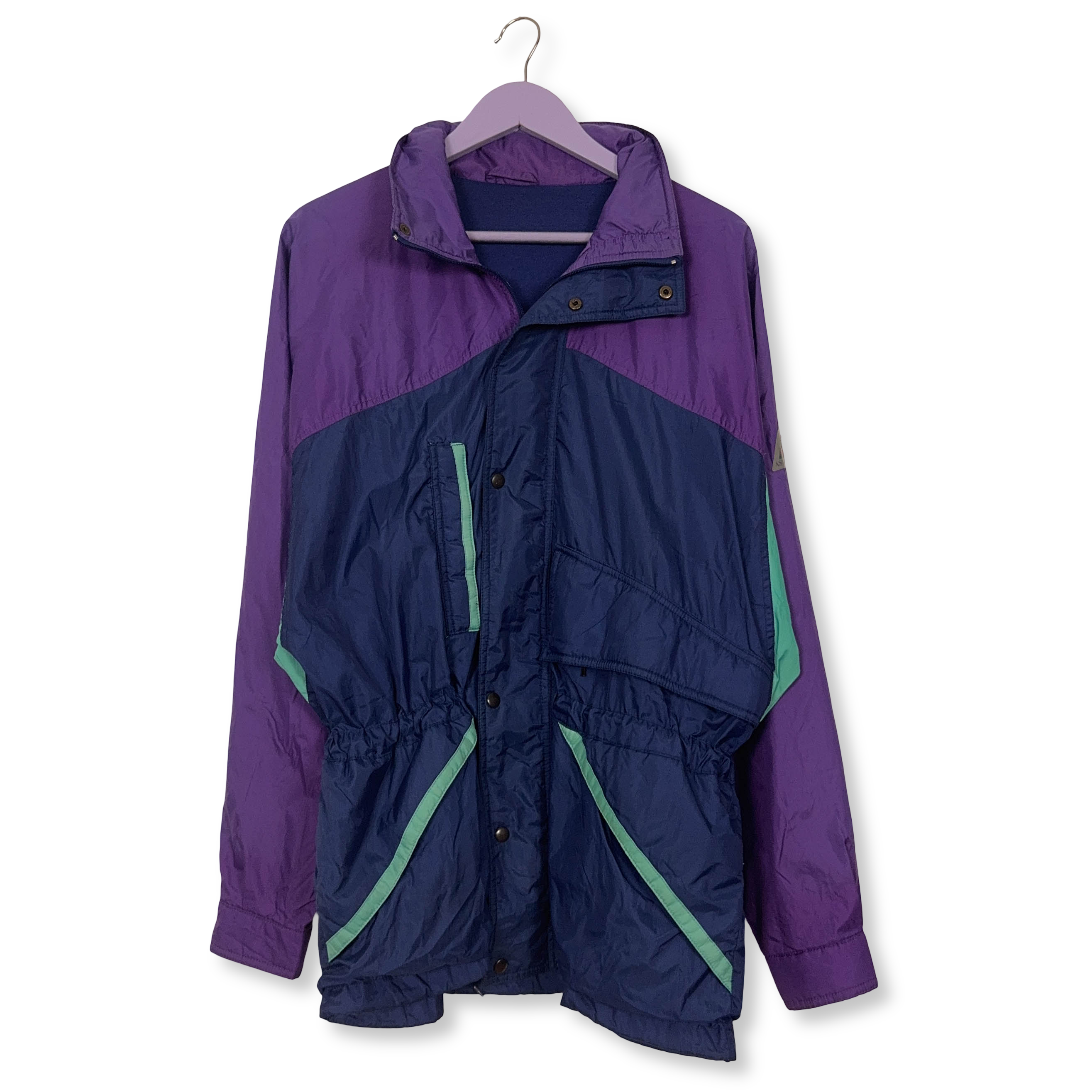 Giacca a vento Vintage viola e blu con zip e cappuccio anni 80 90 - Taglia M uomo