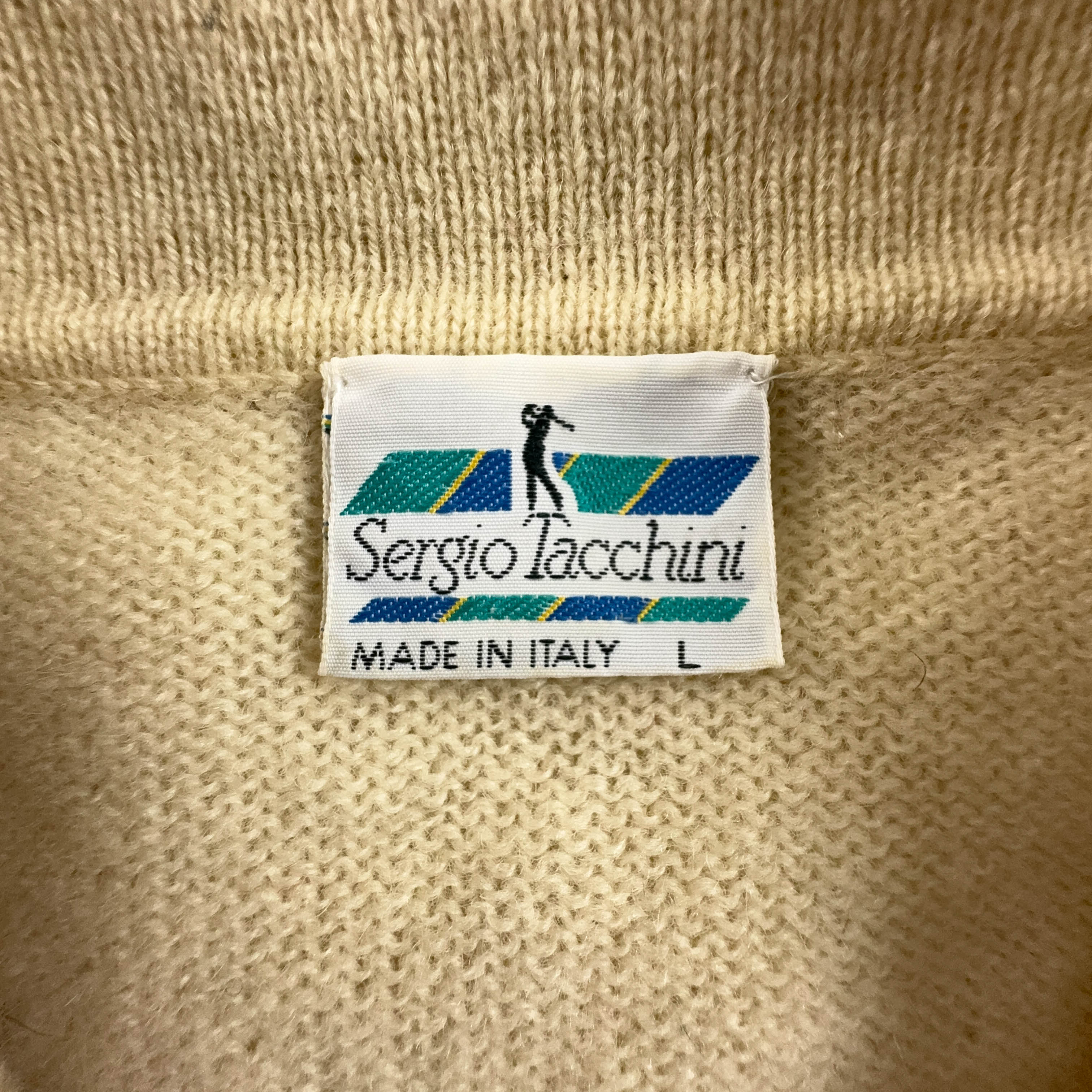 Sergio Tacchini Vintage 100% Wool Cream Button Up Sweater - Size L Men