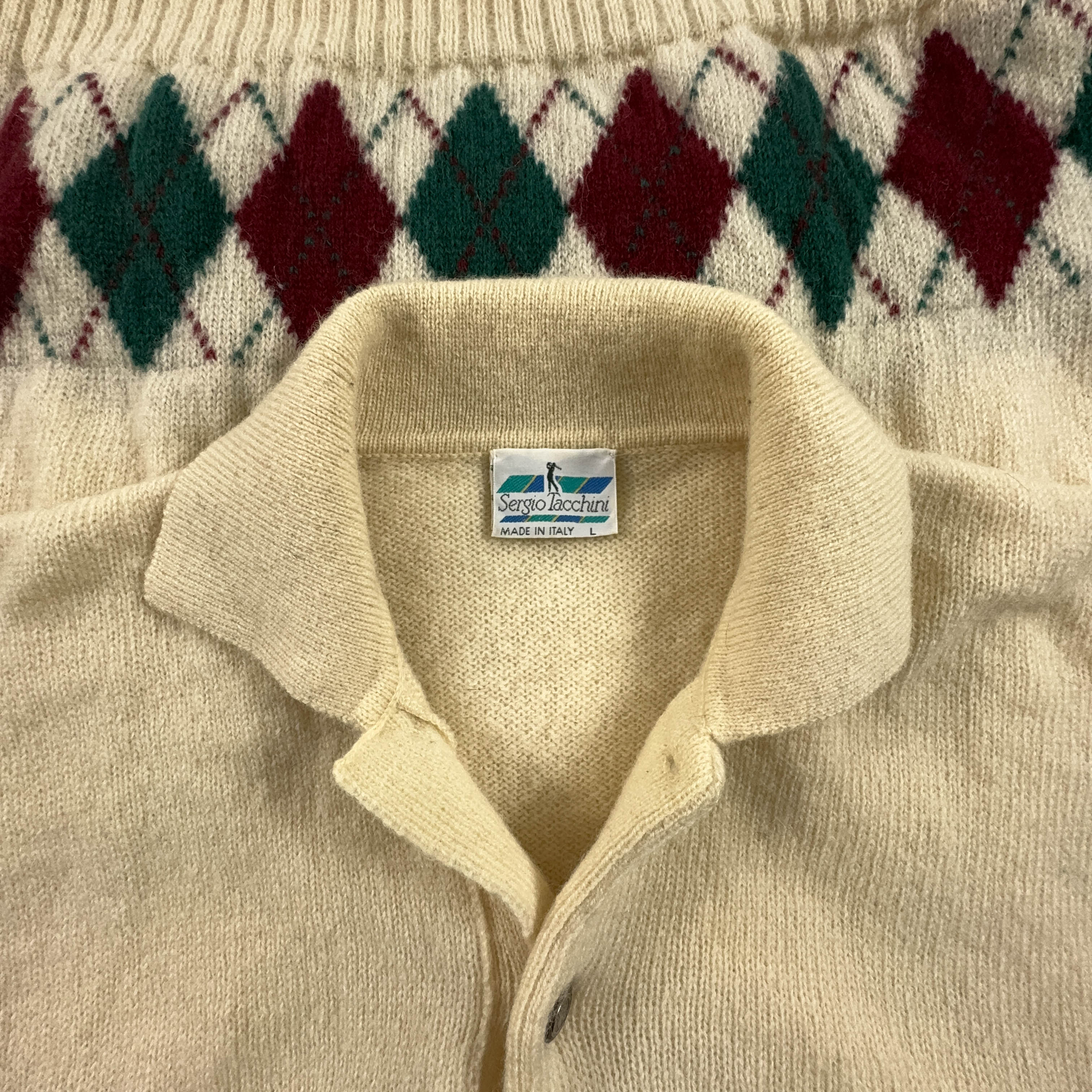 Sergio Tacchini Vintage 100% Wool Cream Button Up Sweater - Size L Men