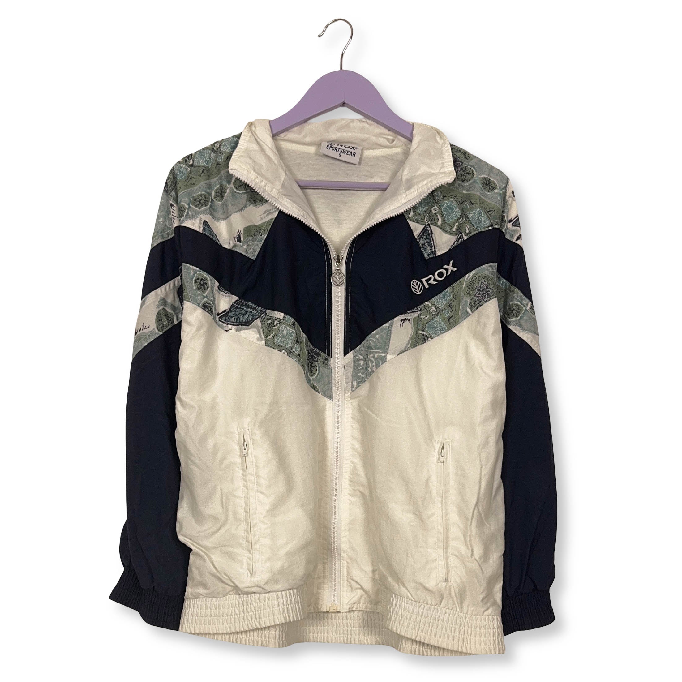 Giacca a vento Vintage bianca e blu a fantasia con zip anni 80 90 - Taglia S uomo
