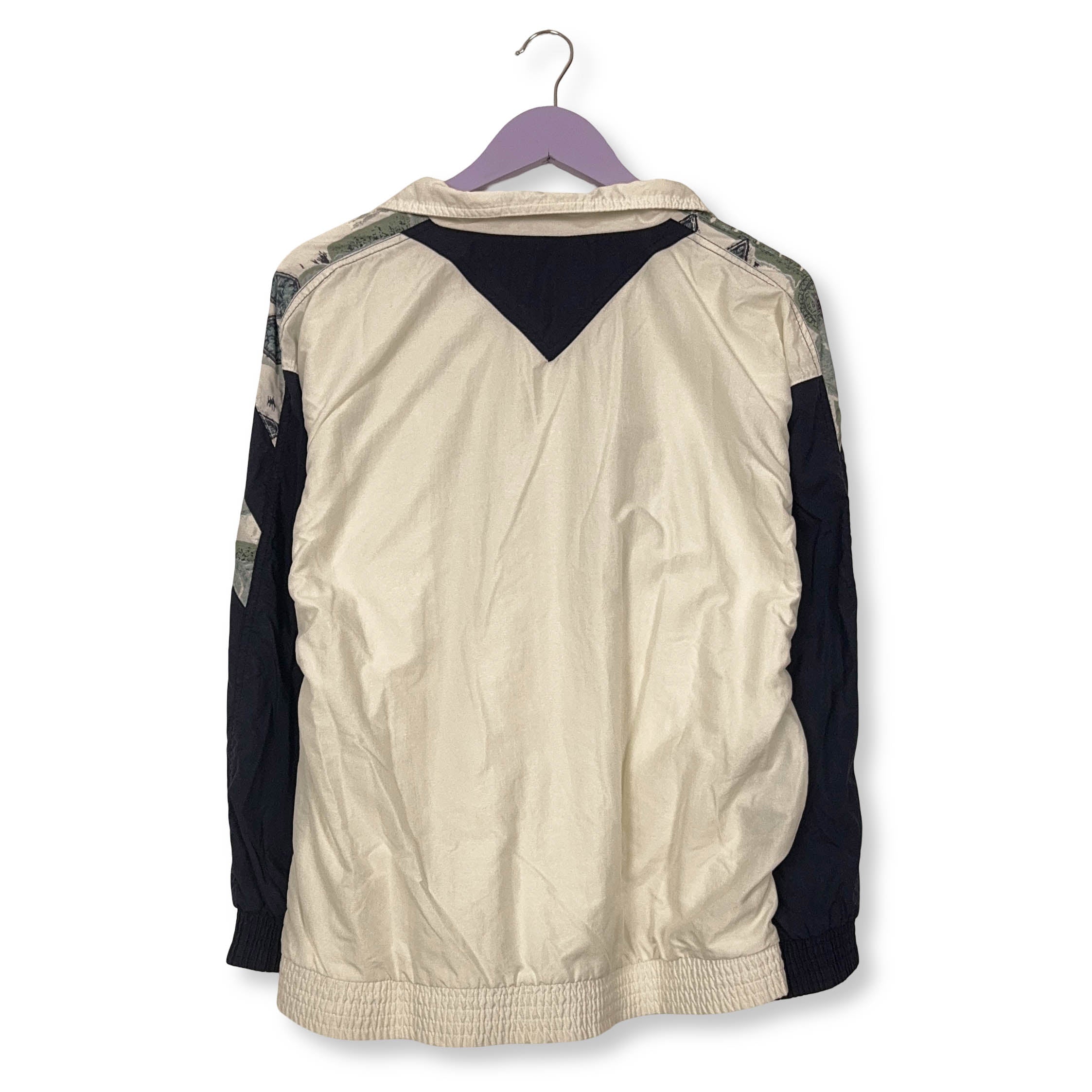 Giacca a vento Vintage bianca e blu a fantasia con zip anni 80 90 - Taglia S uomo