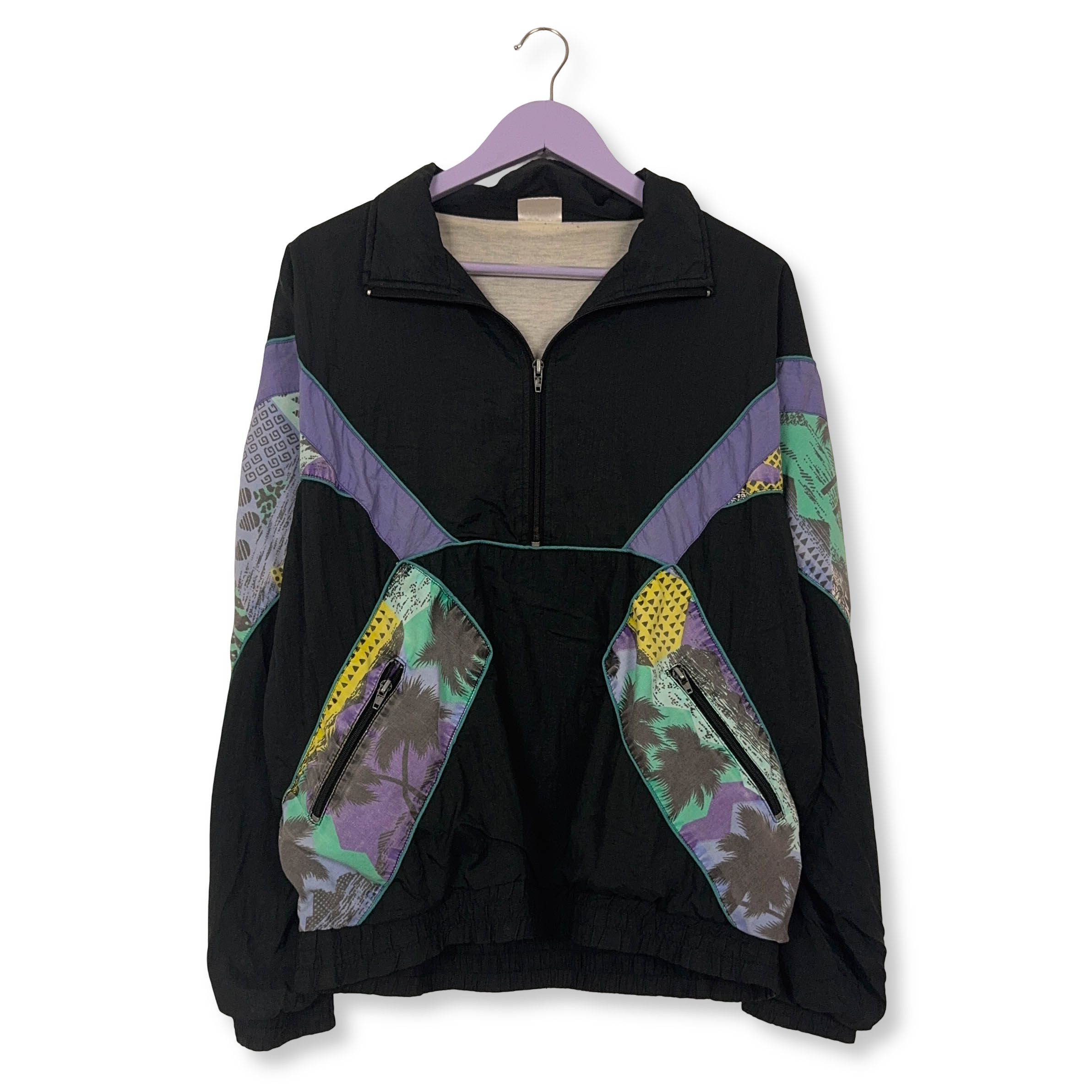Giacca a vento Vintage nera e viola a fantasia quarter zip anni 80 90 - Taglia M uomo