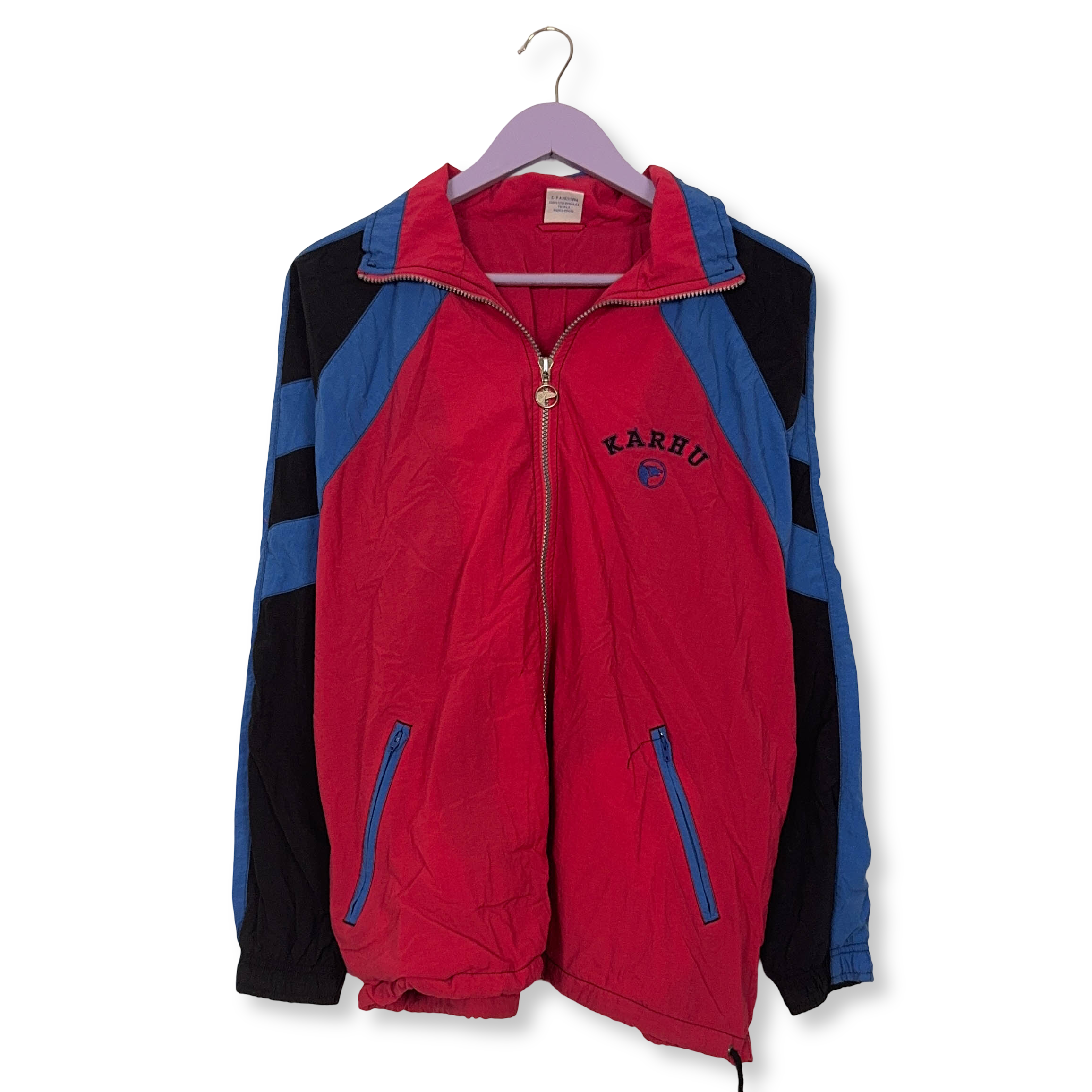 Giacca a vento Karhu Vintage rossa nera e blu con ricamo e zip anni 80 90 - Taglia M uomo
