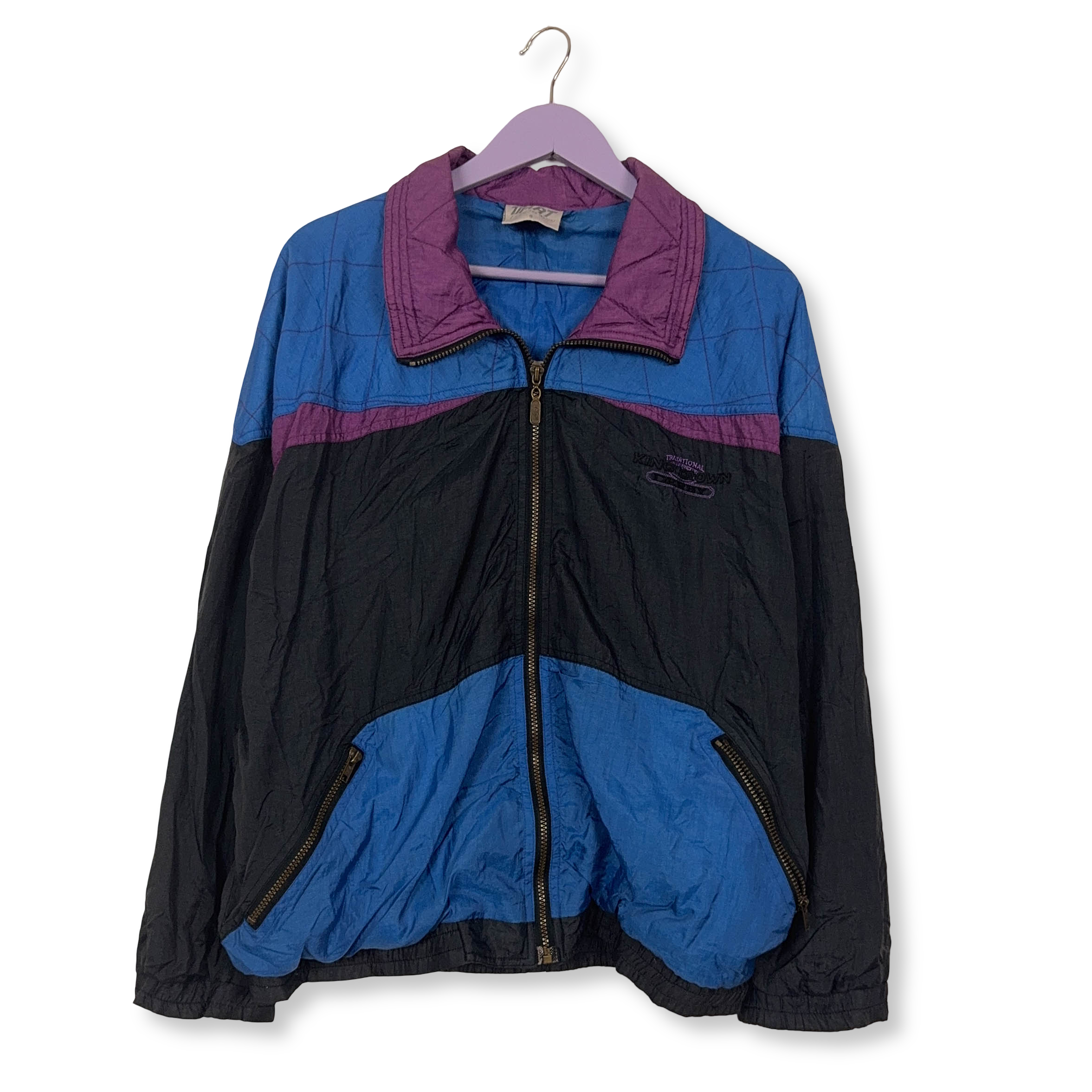 Giacca a vento Vintage blu viola e nera con zip e ricamo anni 80 90 - Taglia S/M uomo