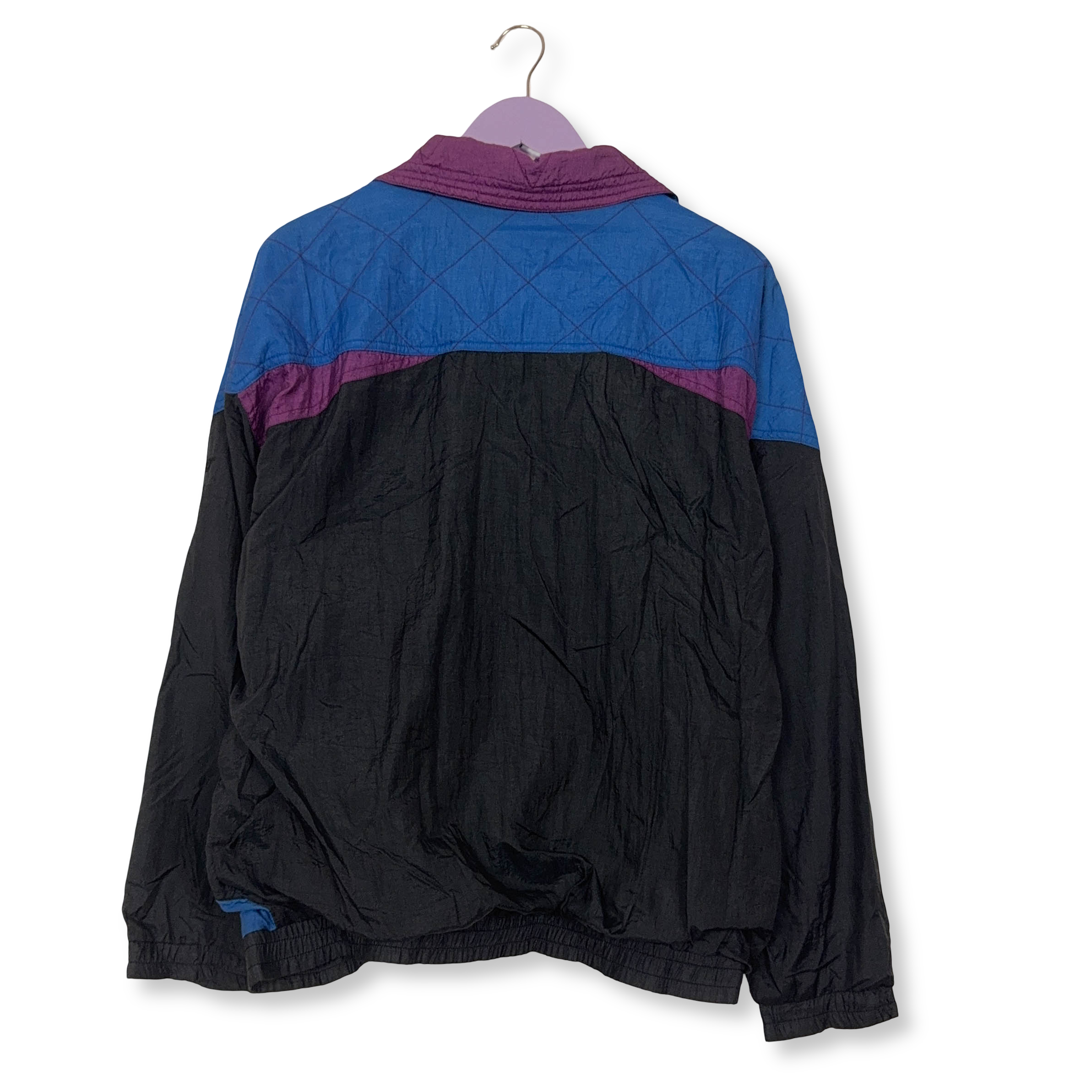 Giacca a vento Vintage blu viola e nera con zip e ricamo anni 80 90 - Taglia S/M uomo