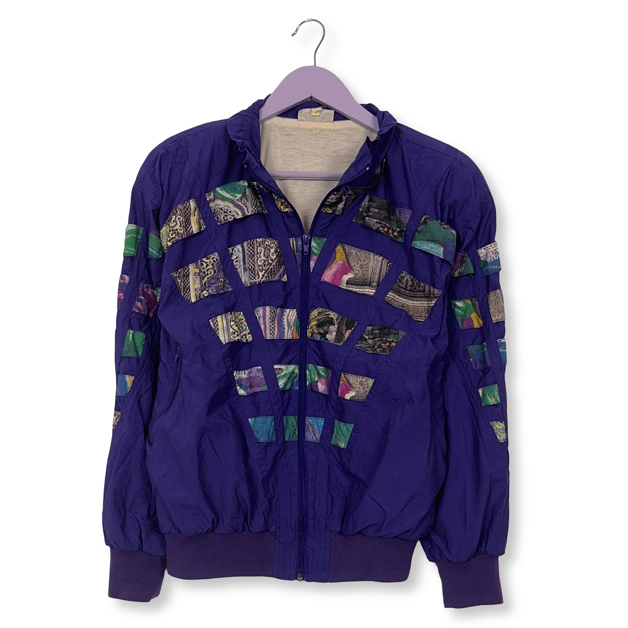 Giacca a vento Vintage viola a fantasia multicolore anni 80 90 - Taglia XS/S uomo