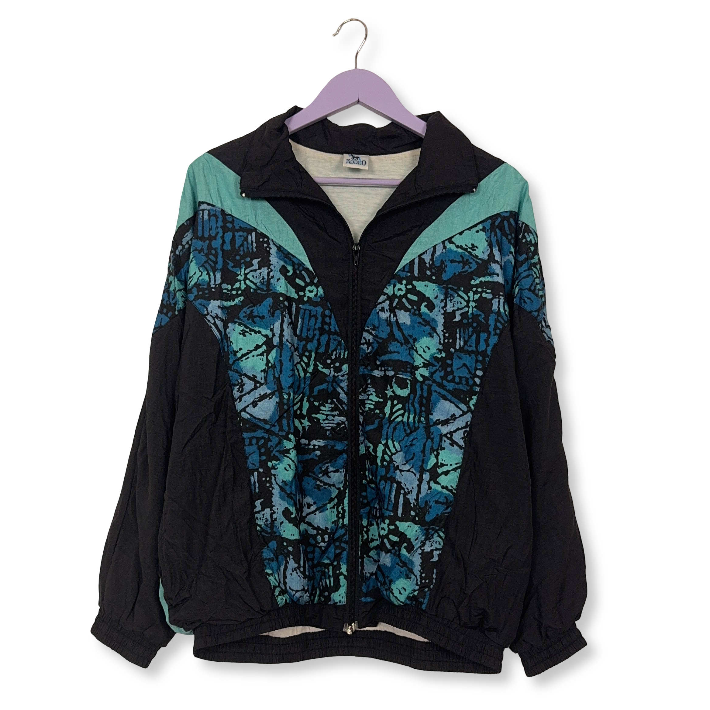 Giacca a vento Rodeo Vintage nera e azzurra a fantasia anni 80 90 - Taglia 40/42 uomo