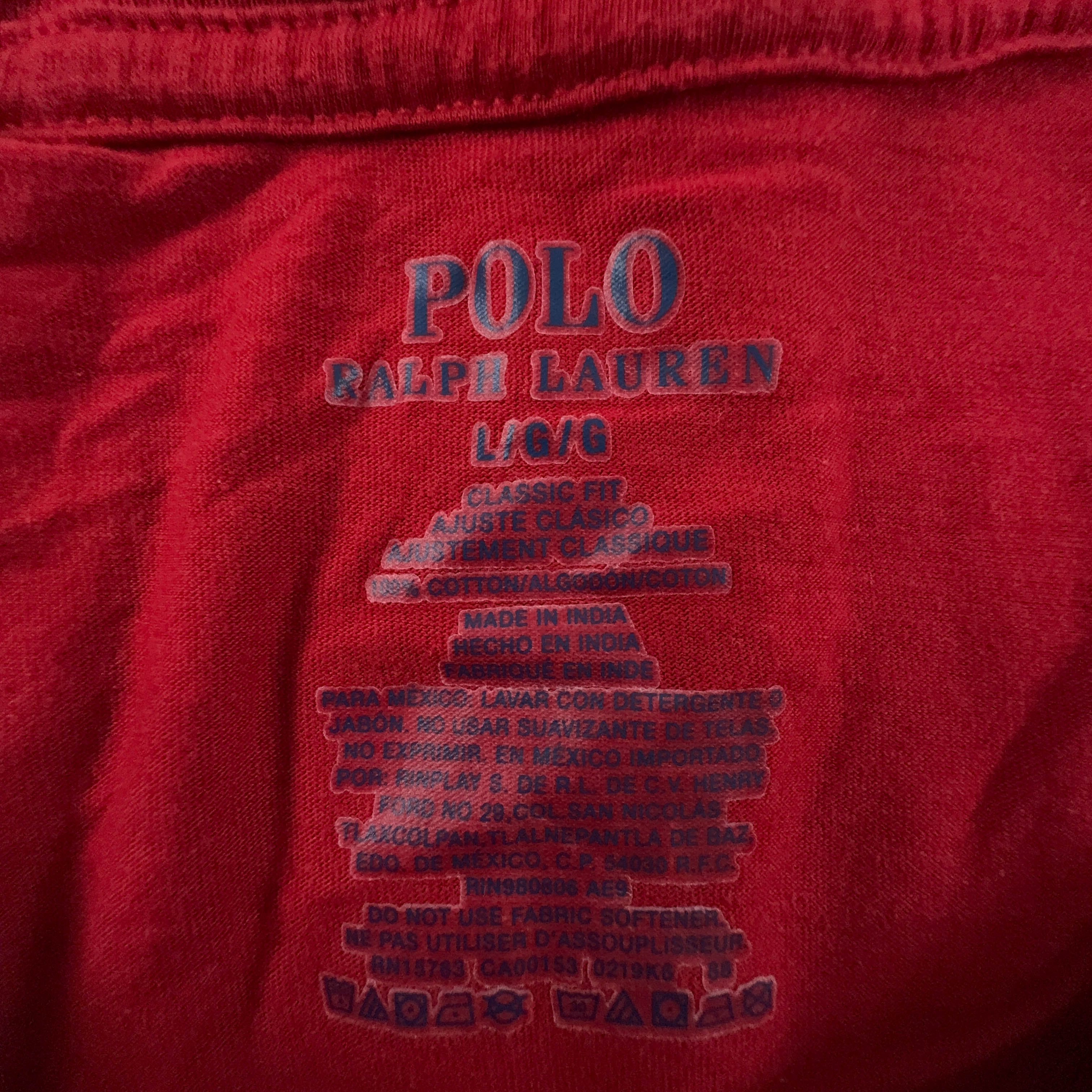 Ralph Lauren Red Crew Neck Cotton T-Shirt - Men's Size L/XL