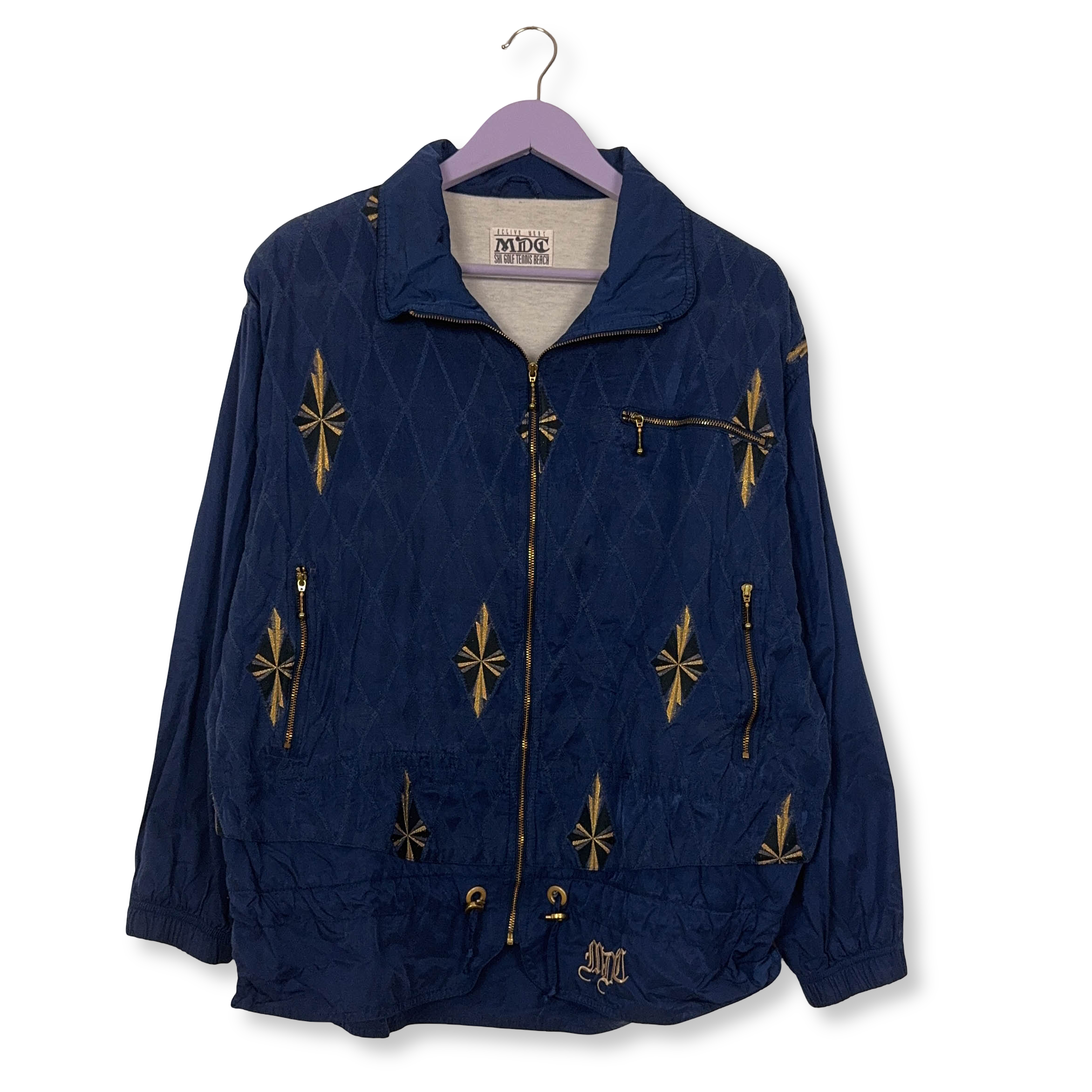 Giacca a vento Vintage blu e oro con ricami e zip anni 80 90 - Taglia 40 uomo