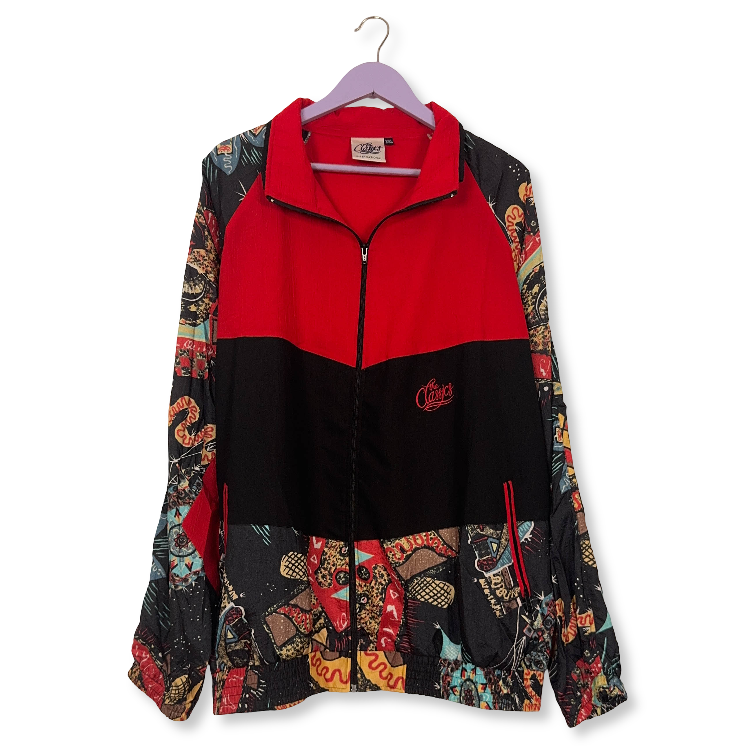 Giacca a vento Vintage nera e rossa a fantasia con zip anni 80 90 - Taglia XXL uomo