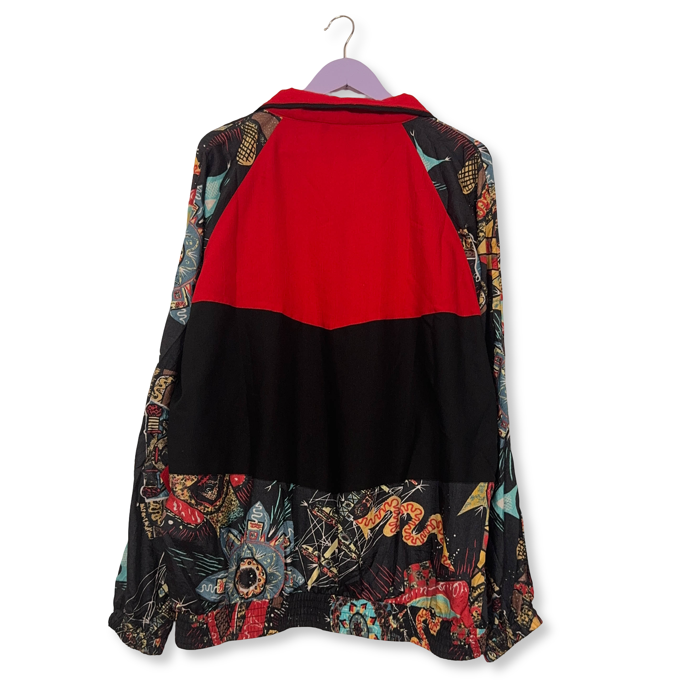 Giacca a vento Vintage nera e rossa a fantasia con zip anni 80 90 - Taglia XXL uomo
