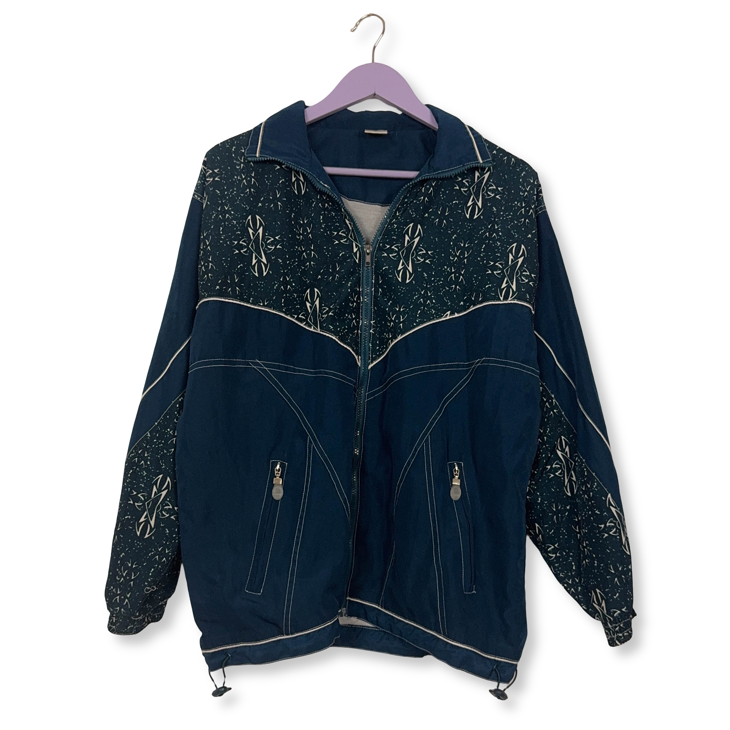 Giacca a vento Vintage verde e blu a fantasia con zip anni 80 90 - Taglia M uomo