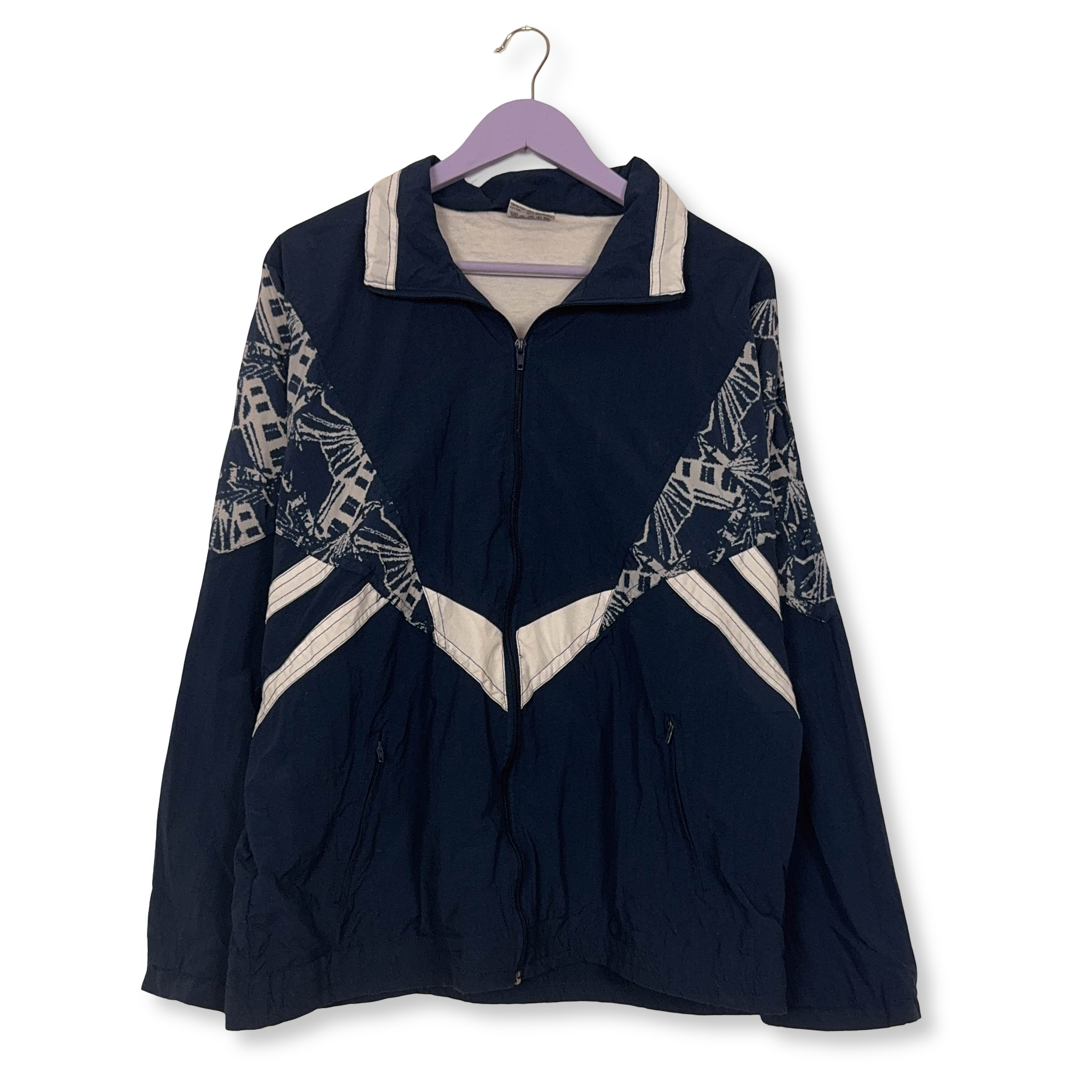 Giacca a vento Vintage blu scura e bianca a fantasia con zip anni 80 90 - Taglia 48/50 uomo