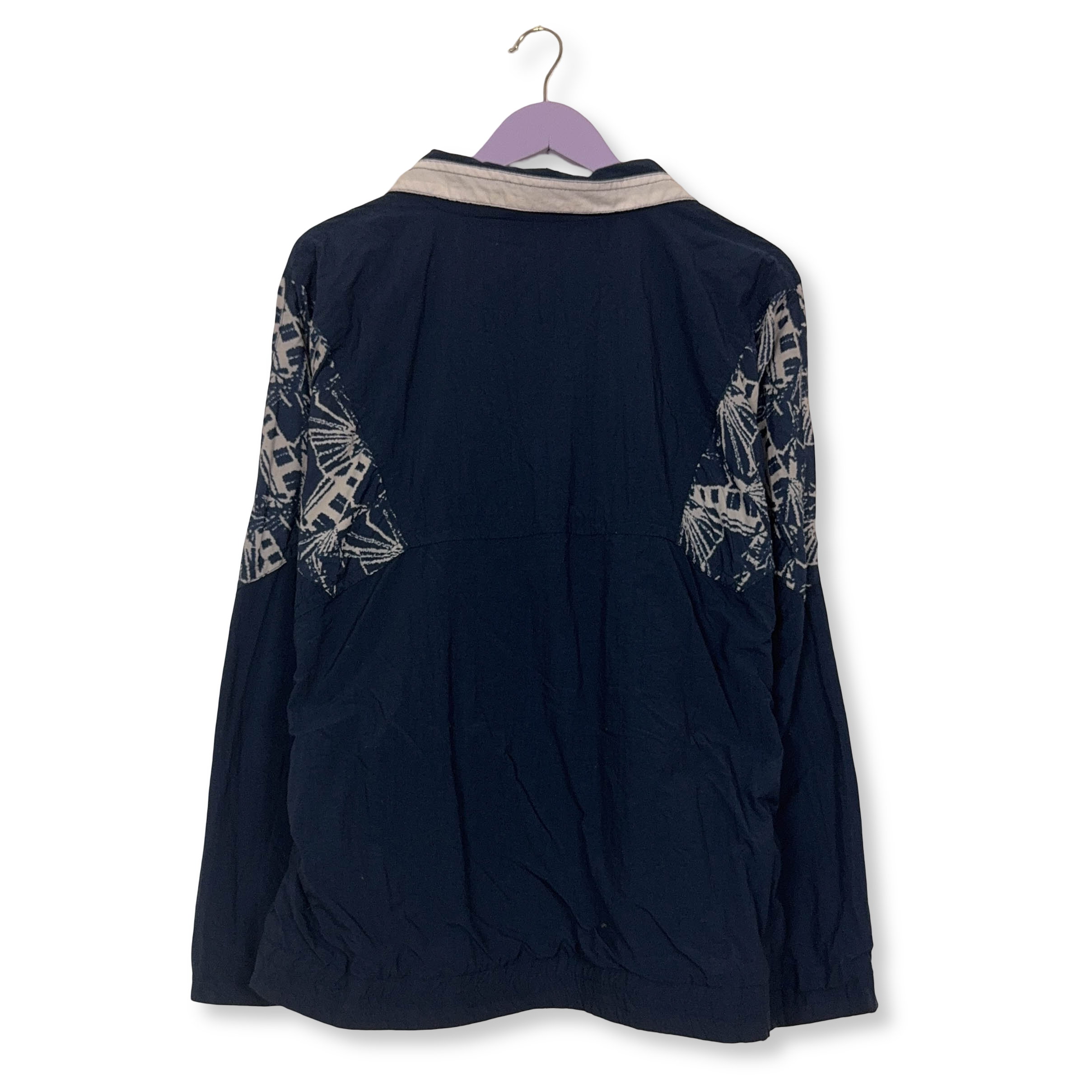 Giacca a vento Vintage blu scura e bianca a fantasia con zip anni 80 90 - Taglia 48/50 uomo