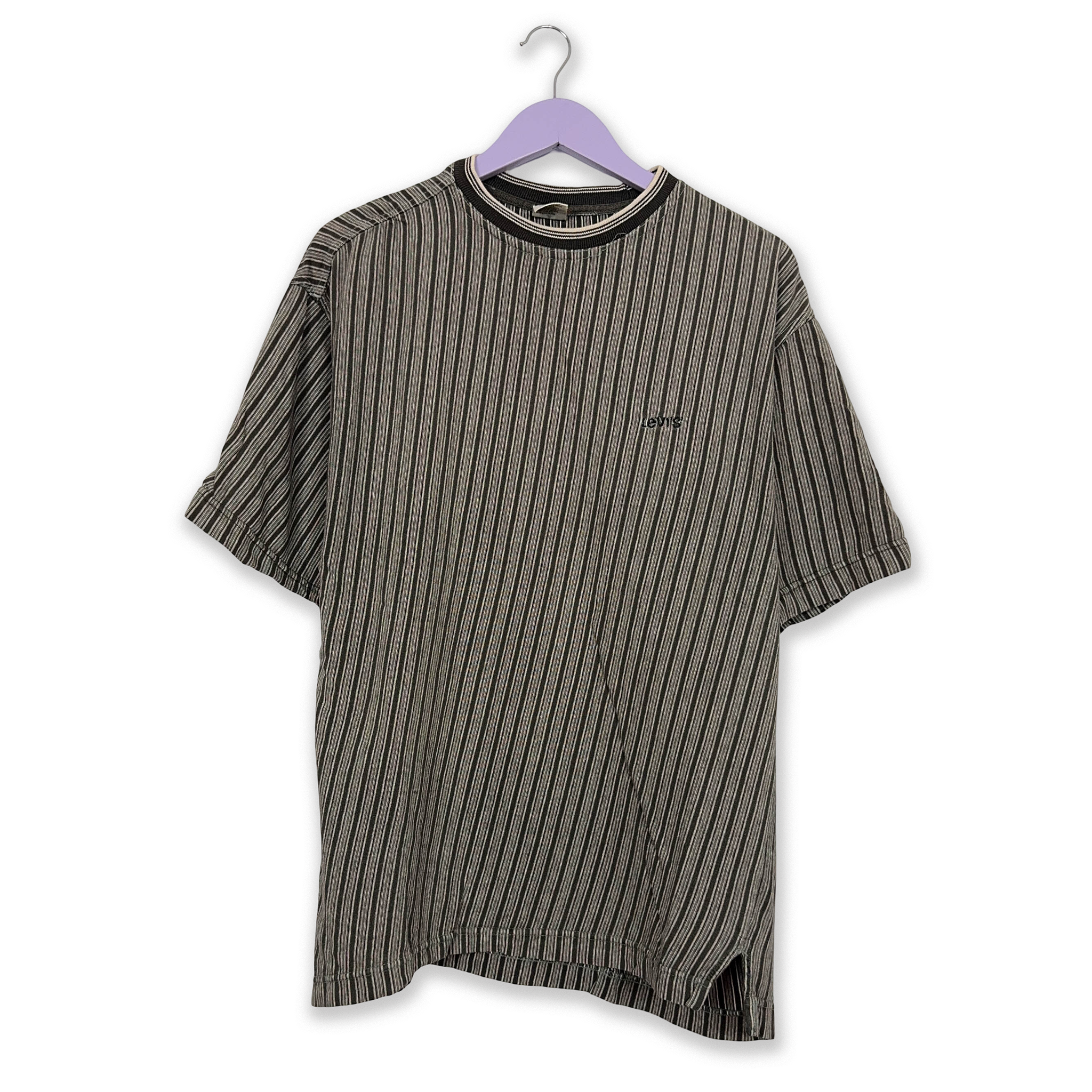 Levi's Vintage Grey Striped Cotton Crew Neck T-Shirt - Men's Size L/XL