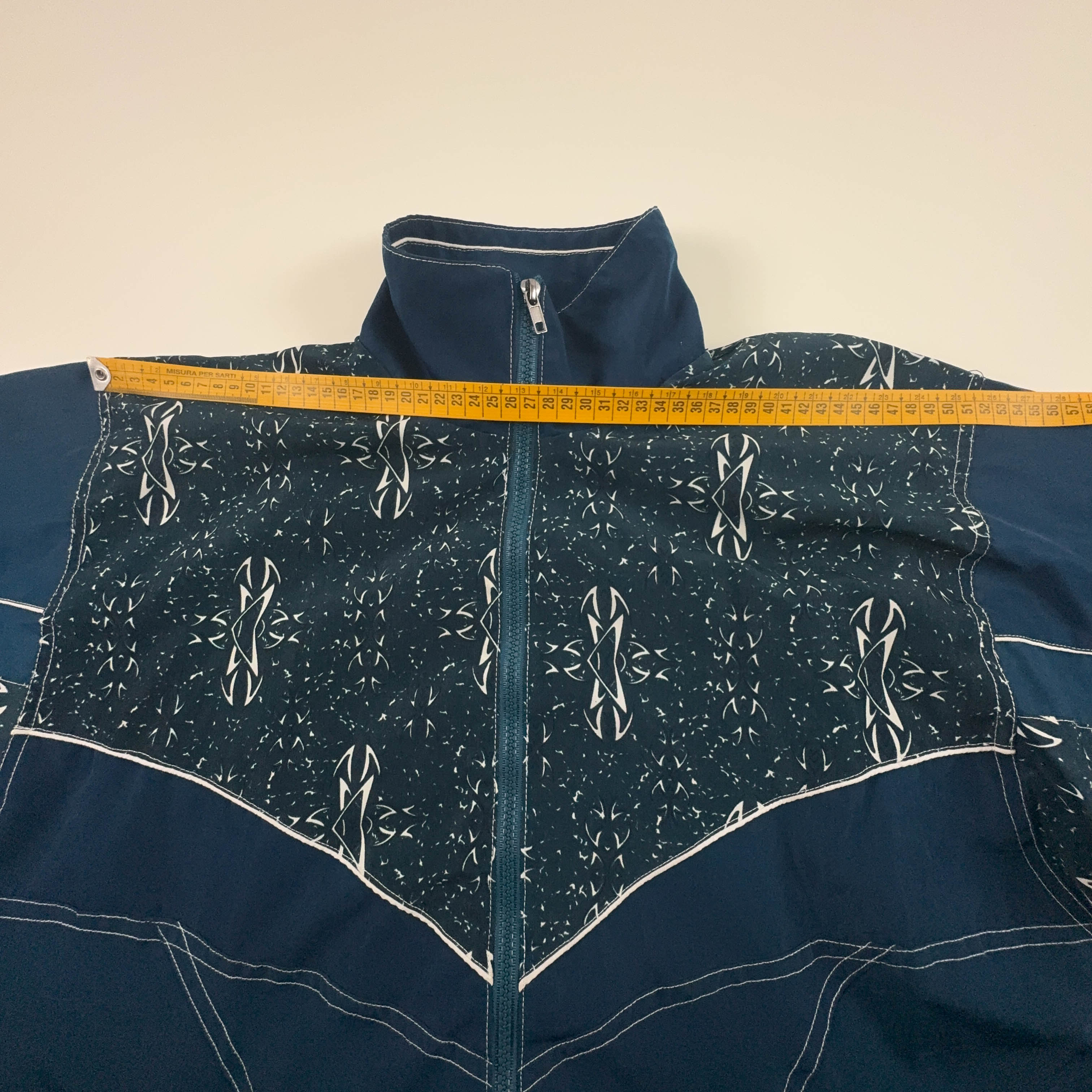 Giacca a vento Vintage verde e blu a fantasia con zip anni 80 90 - Taglia M uomo