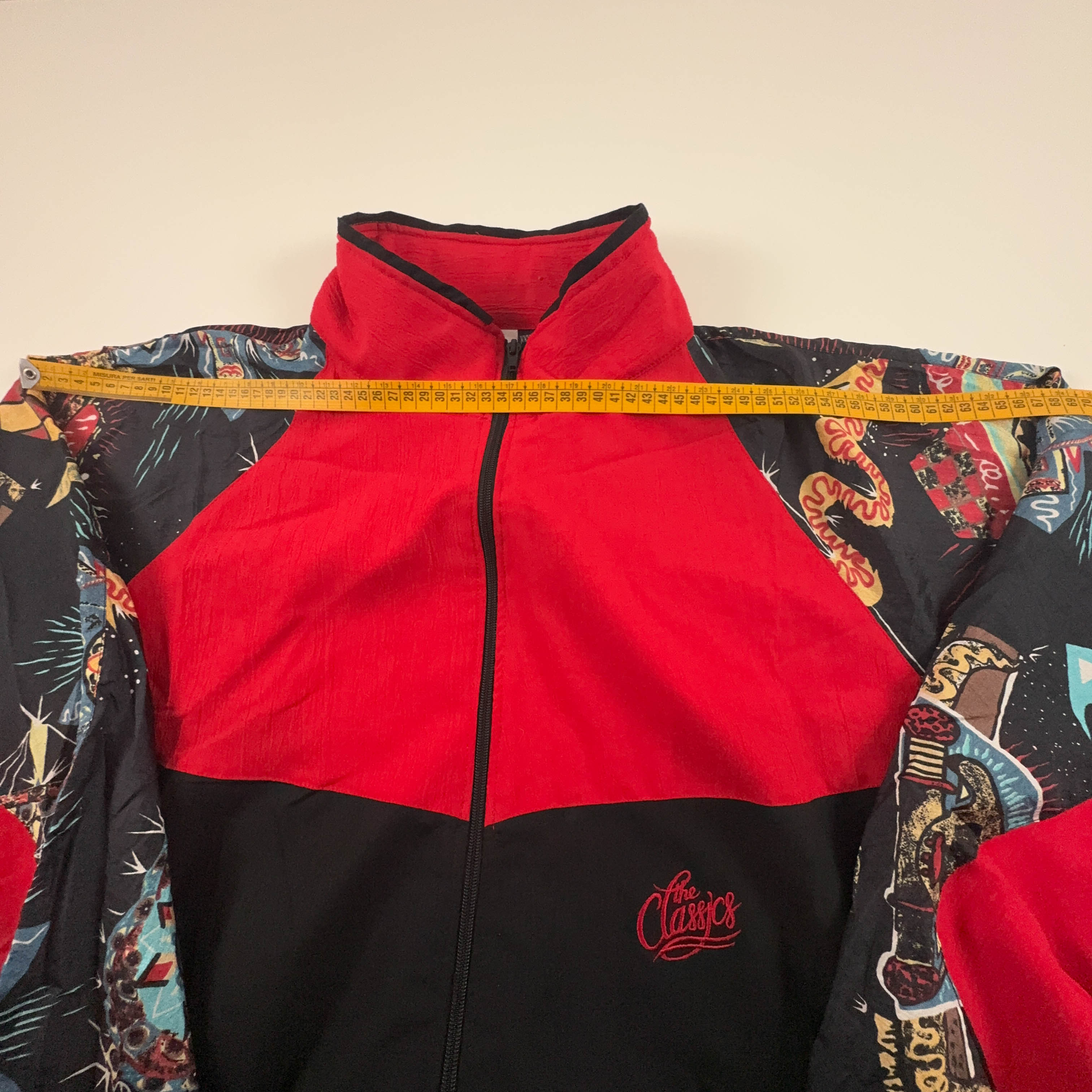 Giacca a vento Vintage nera e rossa a fantasia con zip anni 80 90 - Taglia XXL uomo