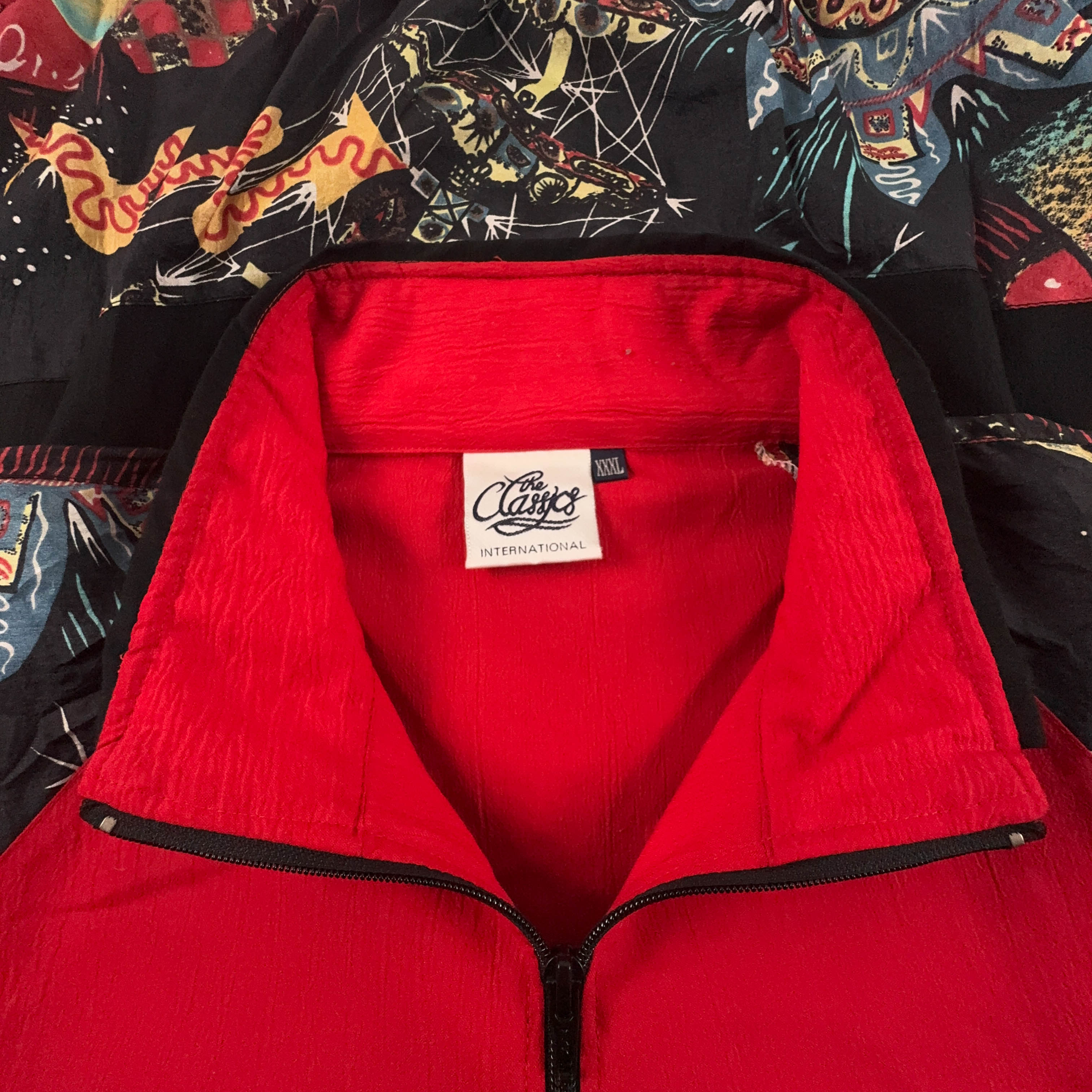 Giacca a vento Vintage nera e rossa a fantasia con zip anni 80 90 - Taglia XXL uomo