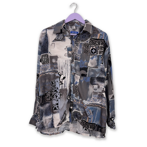 Vintage Gray and Blue Shirt with Abstract Geometric Pattern - Men's Size Medium