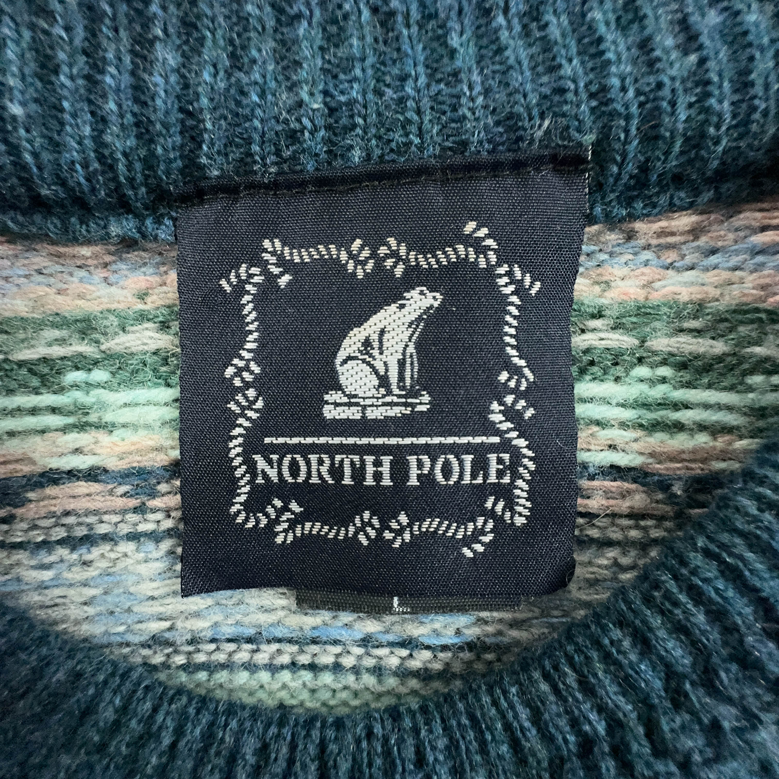 North Pole Vintage Light Blue 50% Lambswool Striped Crew Neck Sweater - Size L/XL Men