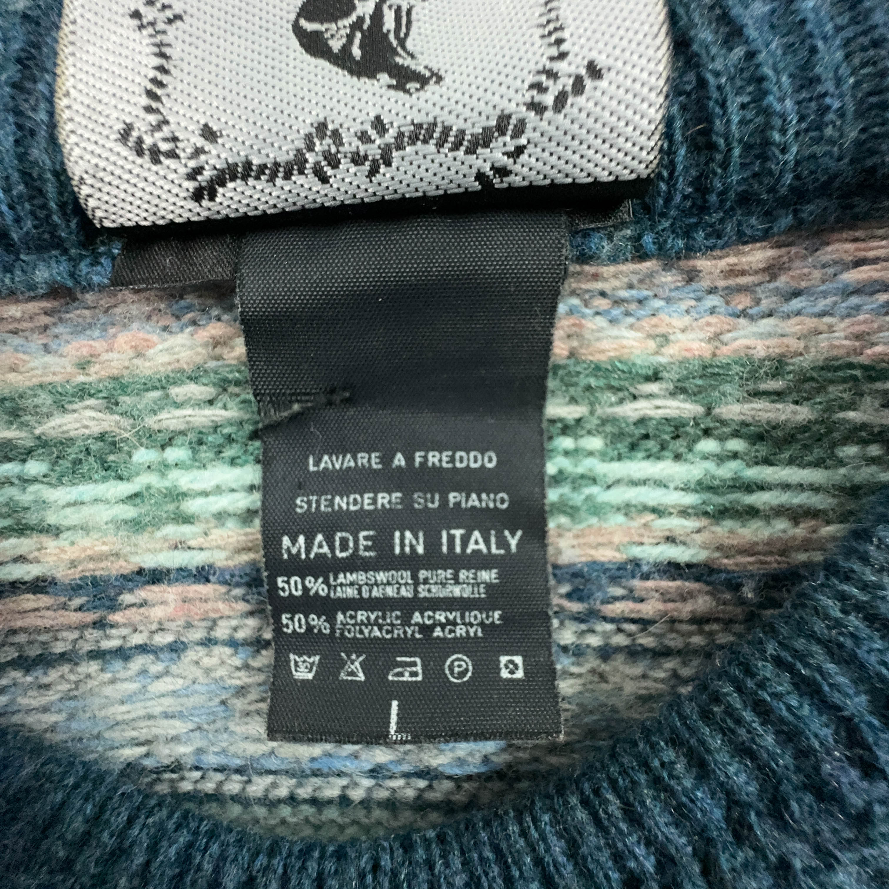 North Pole Vintage Light Blue 50% Lambswool Striped Crew Neck Sweater - Size L/XL Men