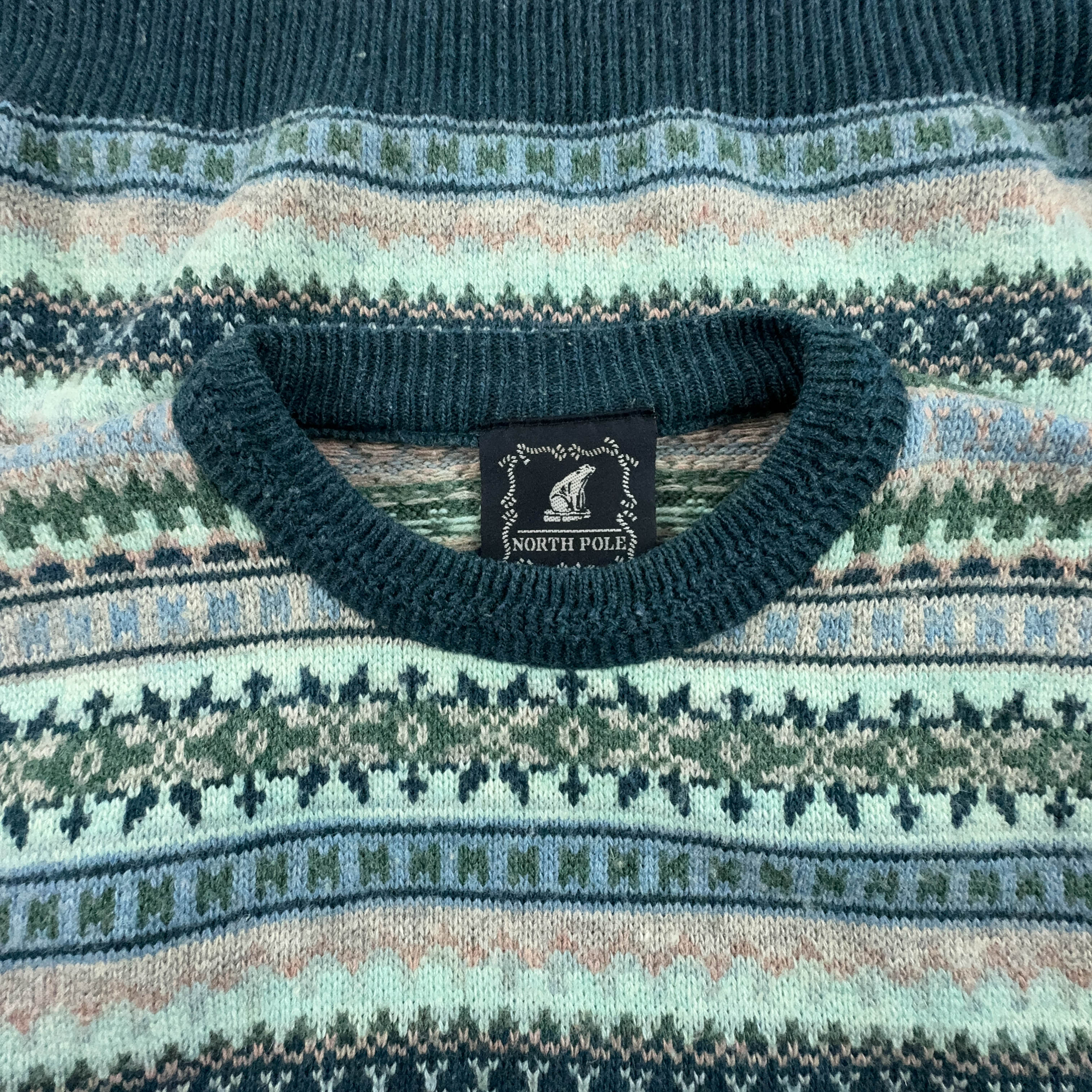 North Pole Vintage Light Blue 50% Lambswool Striped Crew Neck Sweater - Size L/XL Men