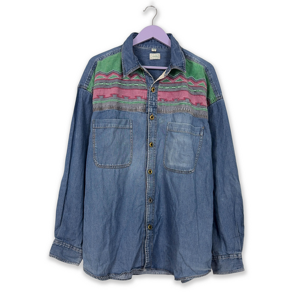 Vintage Aztec Pattern Denim Shirt in Blue - Size XXL 45 46 Men