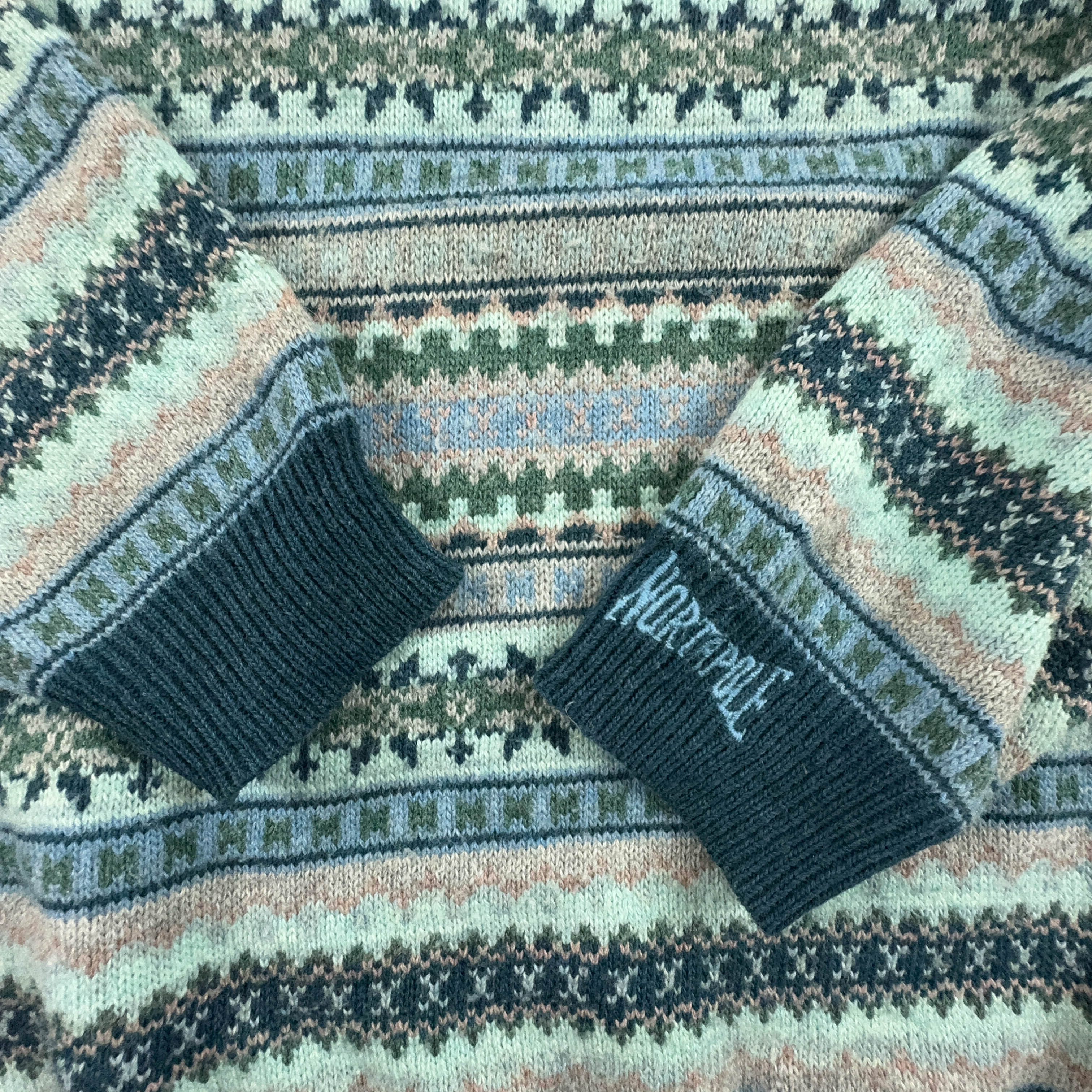 North Pole Vintage Light Blue 50% Lambswool Striped Crew Neck Sweater - Size L/XL Men