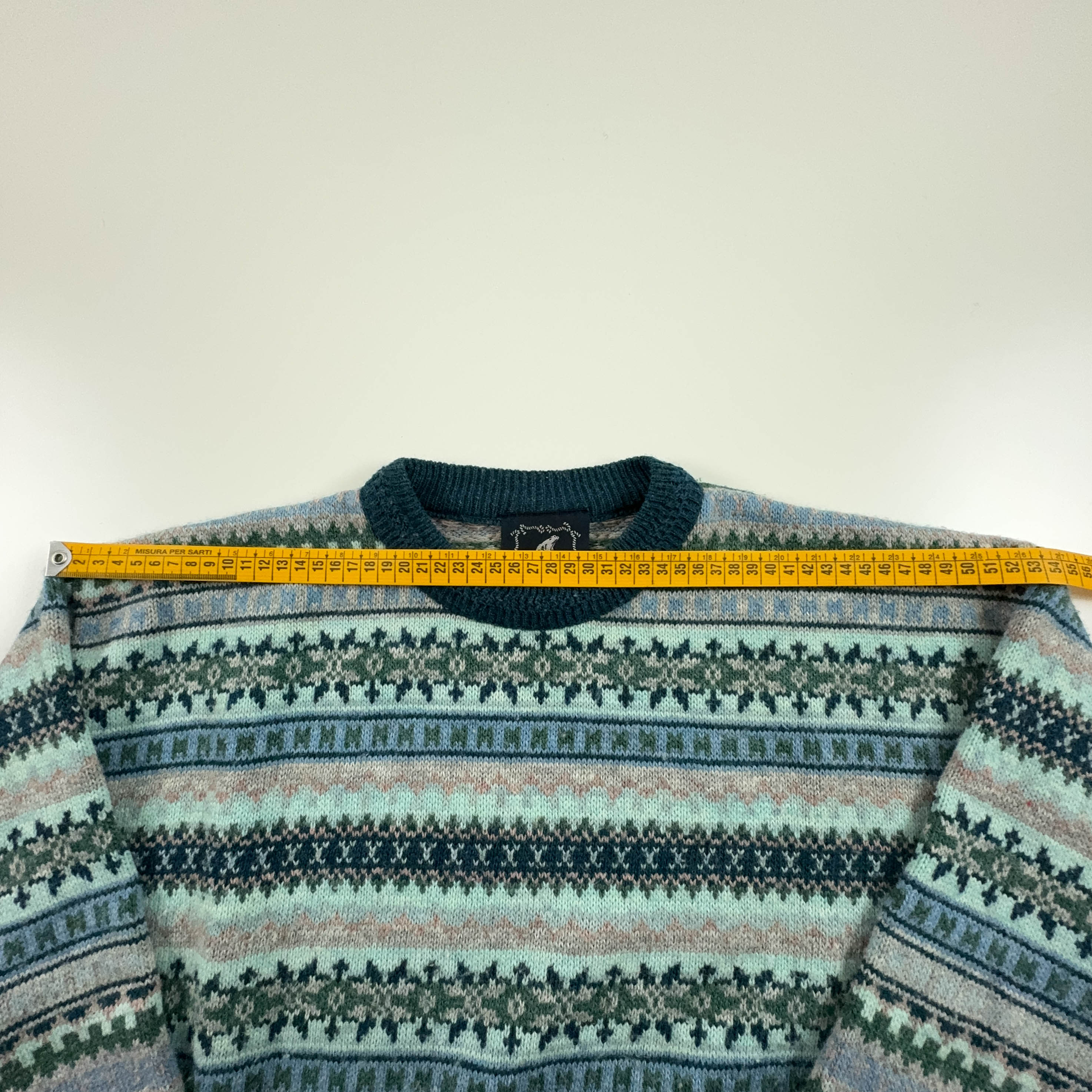 North Pole Vintage Light Blue 50% Lambswool Striped Crew Neck Sweater - Size L/XL Men