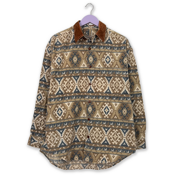 Brown Abstract Geometric Pattern Winter Vintage Shirt - Men's Size XL