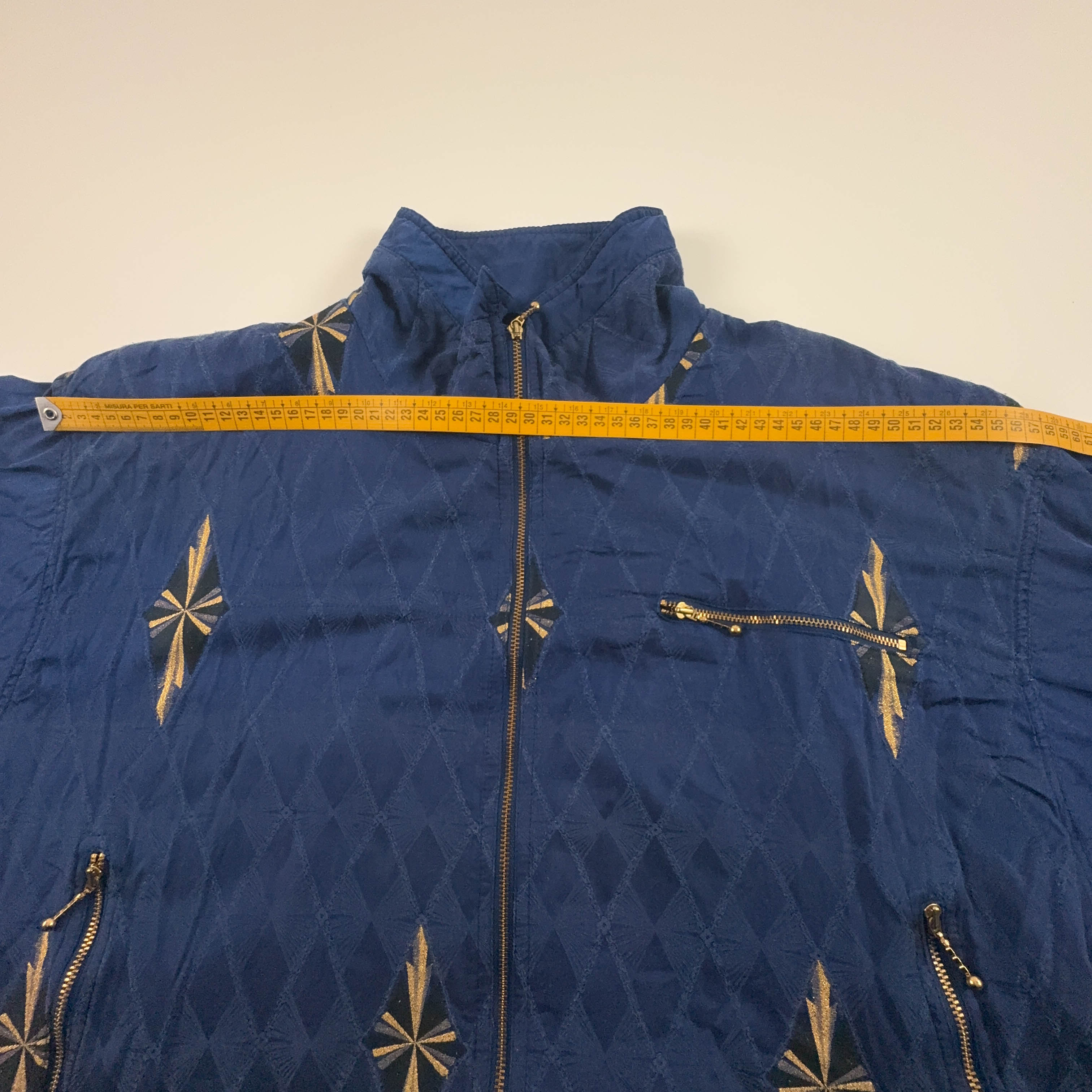 Giacca a vento Vintage blu e oro con ricami e zip anni 80 90 - Taglia 40 uomo