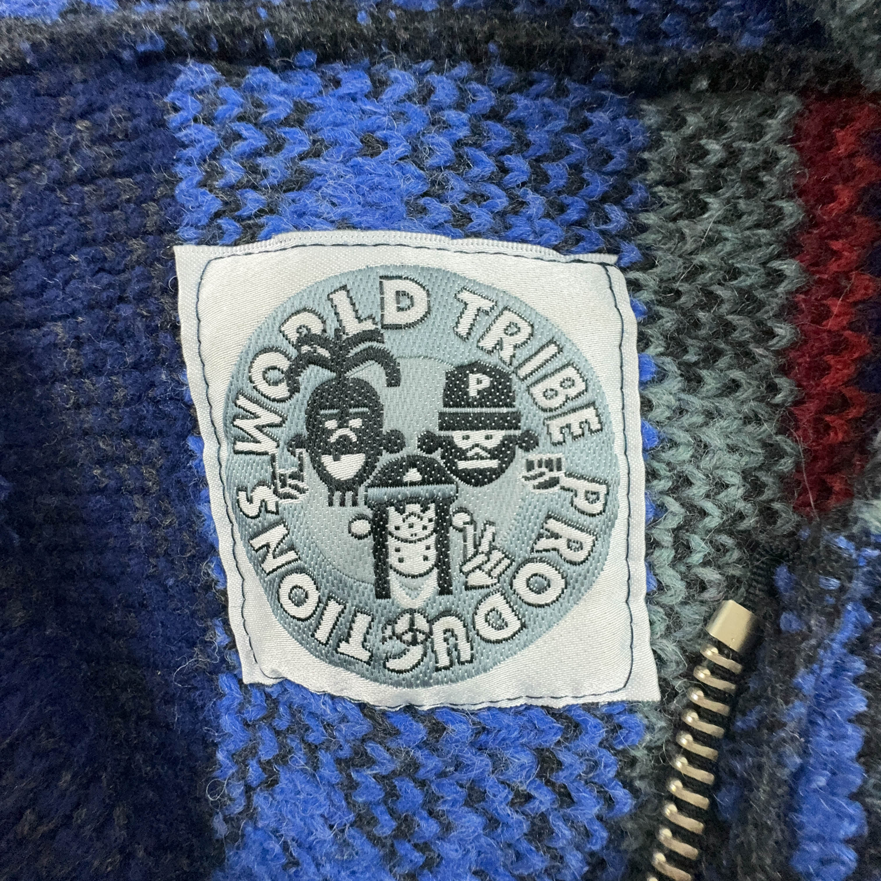 Vintage Blue and Red Patterned Wool Blend Zip Up Hooded Sweater - Men's XXL Size